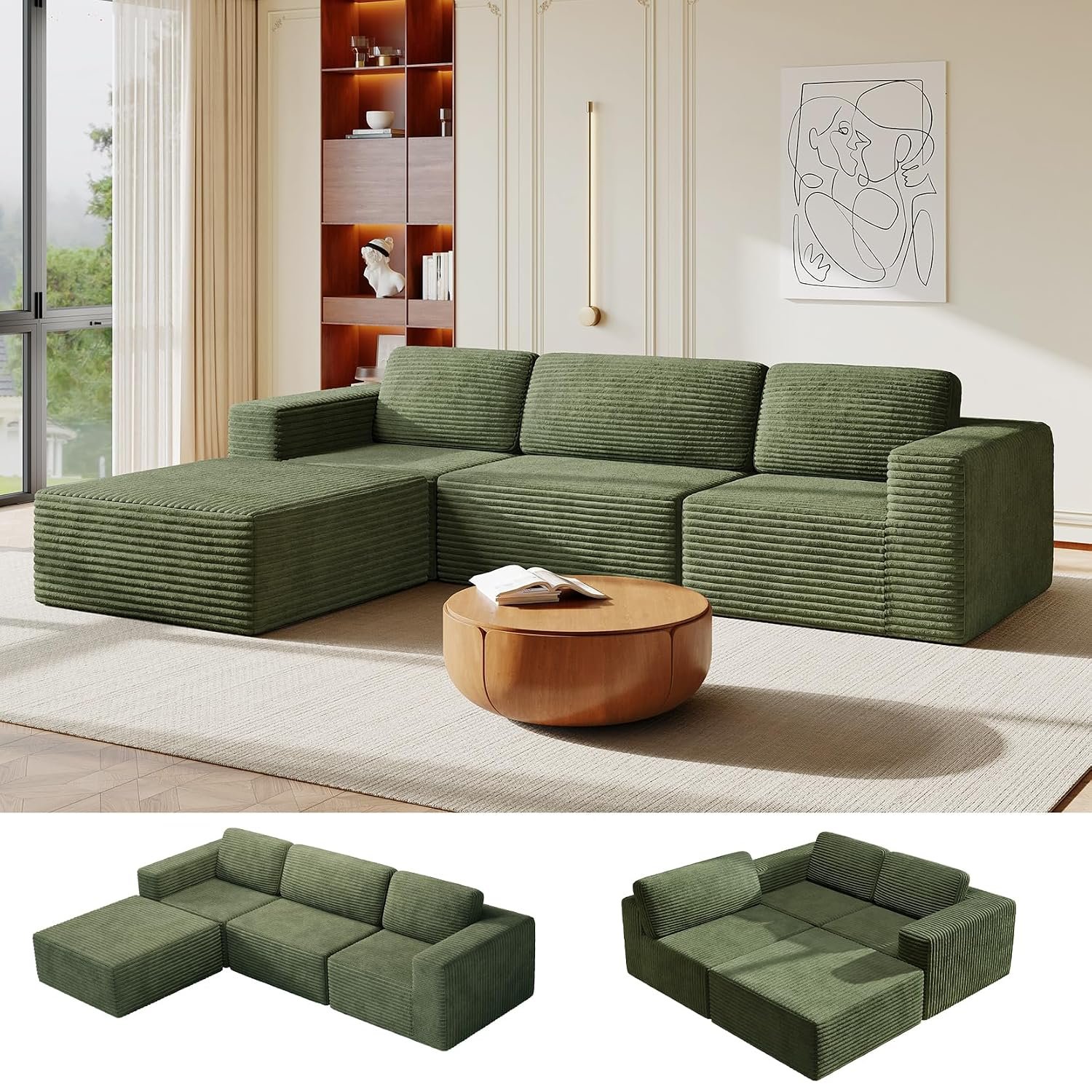 Vesgantti 303cm Oversized Modular Sectional Sofa, Corduroy Cloud Couch with Spring Support & Extra Deep Seats, L-Shaped Boneless Sofa with Movable Ottoman for Living Room, No Assembly Required, Green