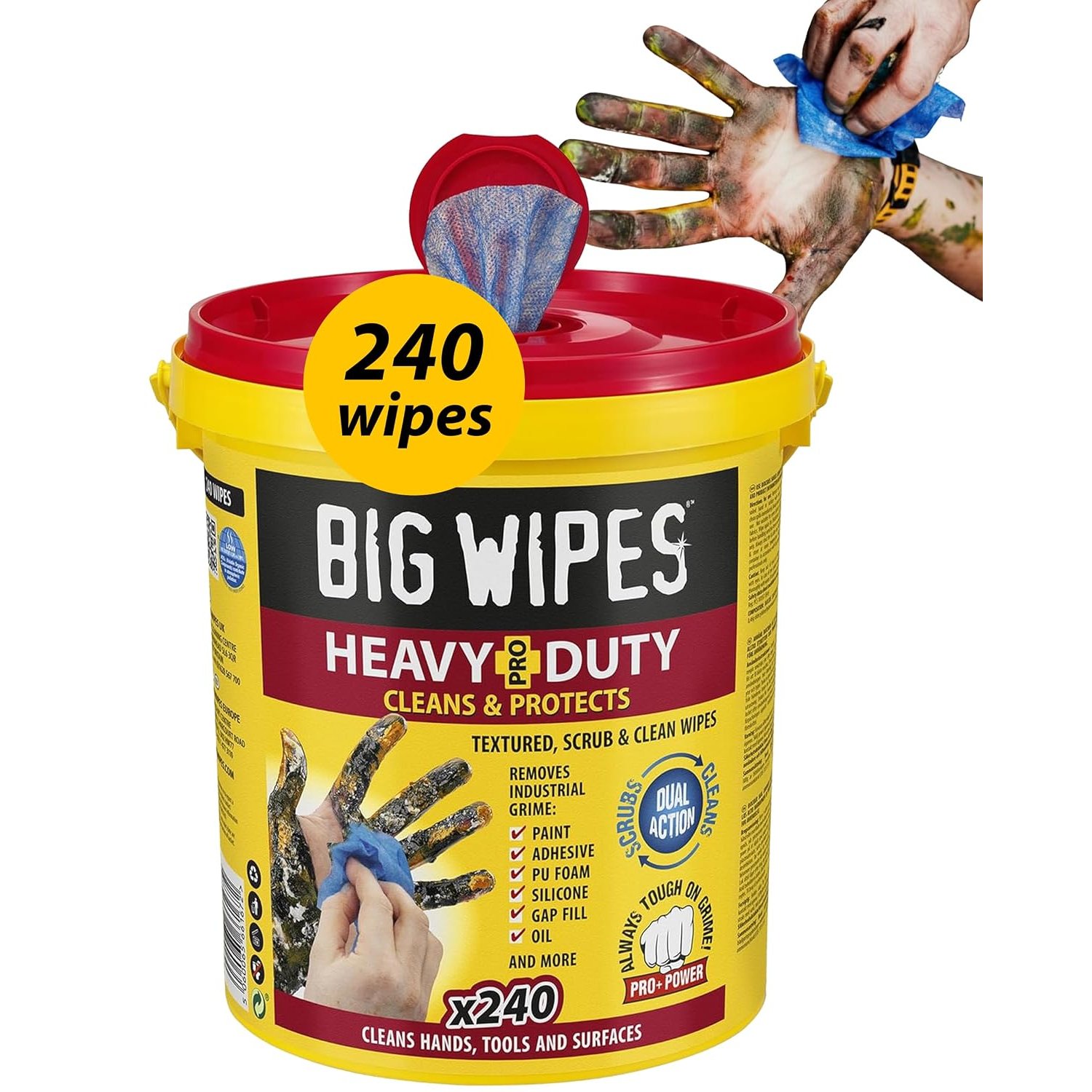 Big Wipes Heavy Duty Pro+ Hand Wipes – Textured Dual-Sided Cleaning Wipes for Paint, Grease, Oil - Industrial Cleaning Products for Tools & Surfaces - Heavy Duty Hand Cleaner - Dispenser Bucket x240
