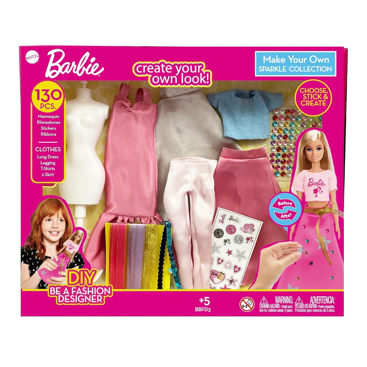 Barbie DIY Sparkle Fashion Designer Set – 130-Piece Dress-Up Kit | Design Clothes for Dolls with Rhinestones, Ribbons, Stickers & Mannequin | Sparkle Barbie Clothing Gift for Girls Ages 5+