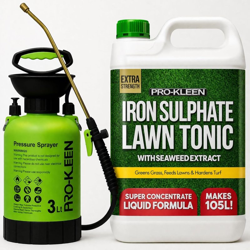 Pro-Kleen Liquid Iron Sulphate Ferrous Conditioner 5L - Fertiliser, Grass Greener & Turf Hardener with 3L Garden Pump Sprayer – Prevents Lawn Disease for Healthier Grass