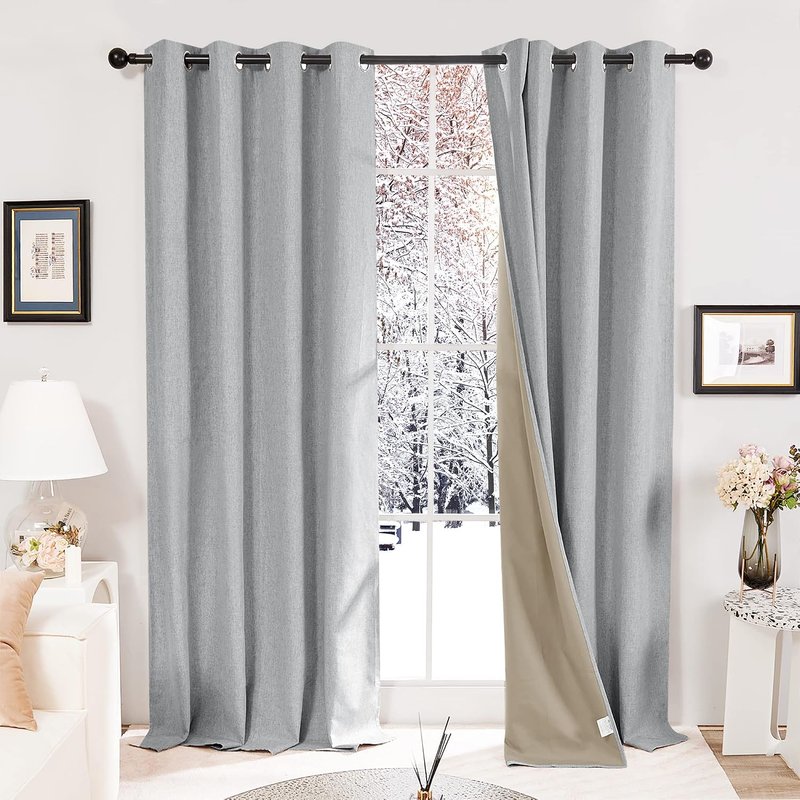 Deconovo 100% Blackout Curtains Faux Linen Eyelet Thermal Insulated Curtains for Living Room Blue Grey W52 x L63 Inch 1 Pair