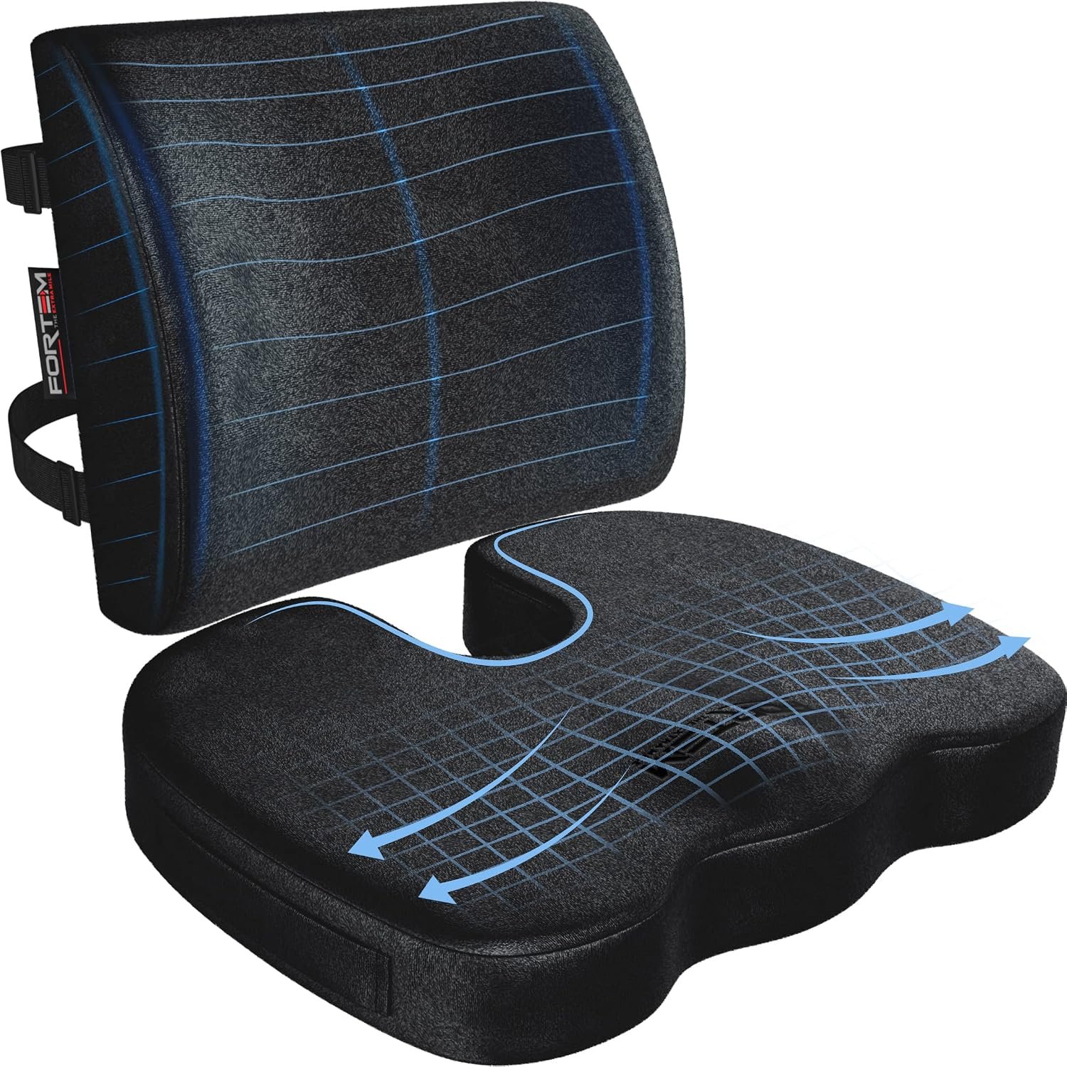 FORTEM Coccyx Cushion, Seat Cushion, Lumbar Support Cushions, Back Support Cushions for Office Chair, Memory Foam Seat Pillow Breathable & Washable Cover, Adjustable Straps