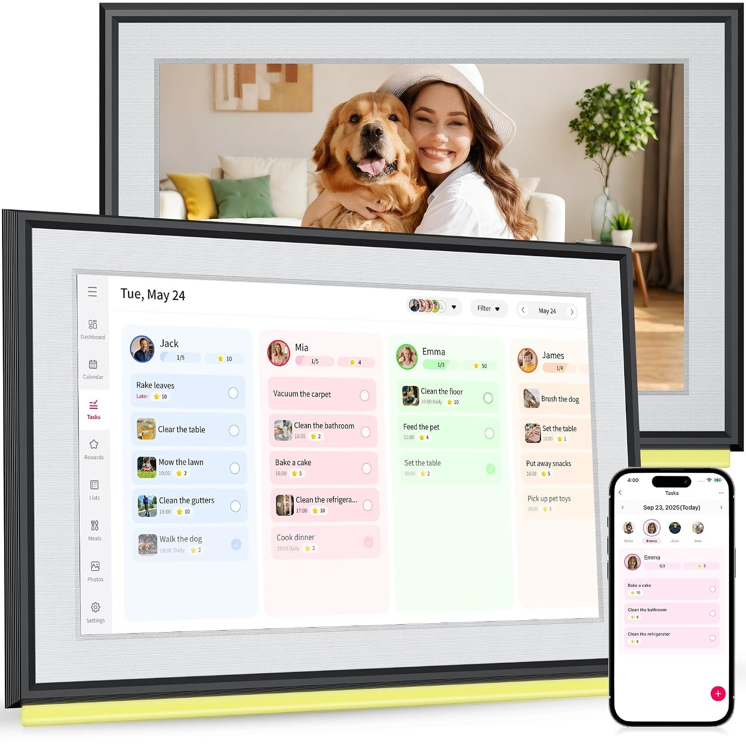 BIGASUO 10.1" Digital Calendar, Full HD Touchscreen Smart Planner,with Task & Reward Meal Plan Great for Family Schedules & Chore Organization, LED Reminder Light,Photo Display