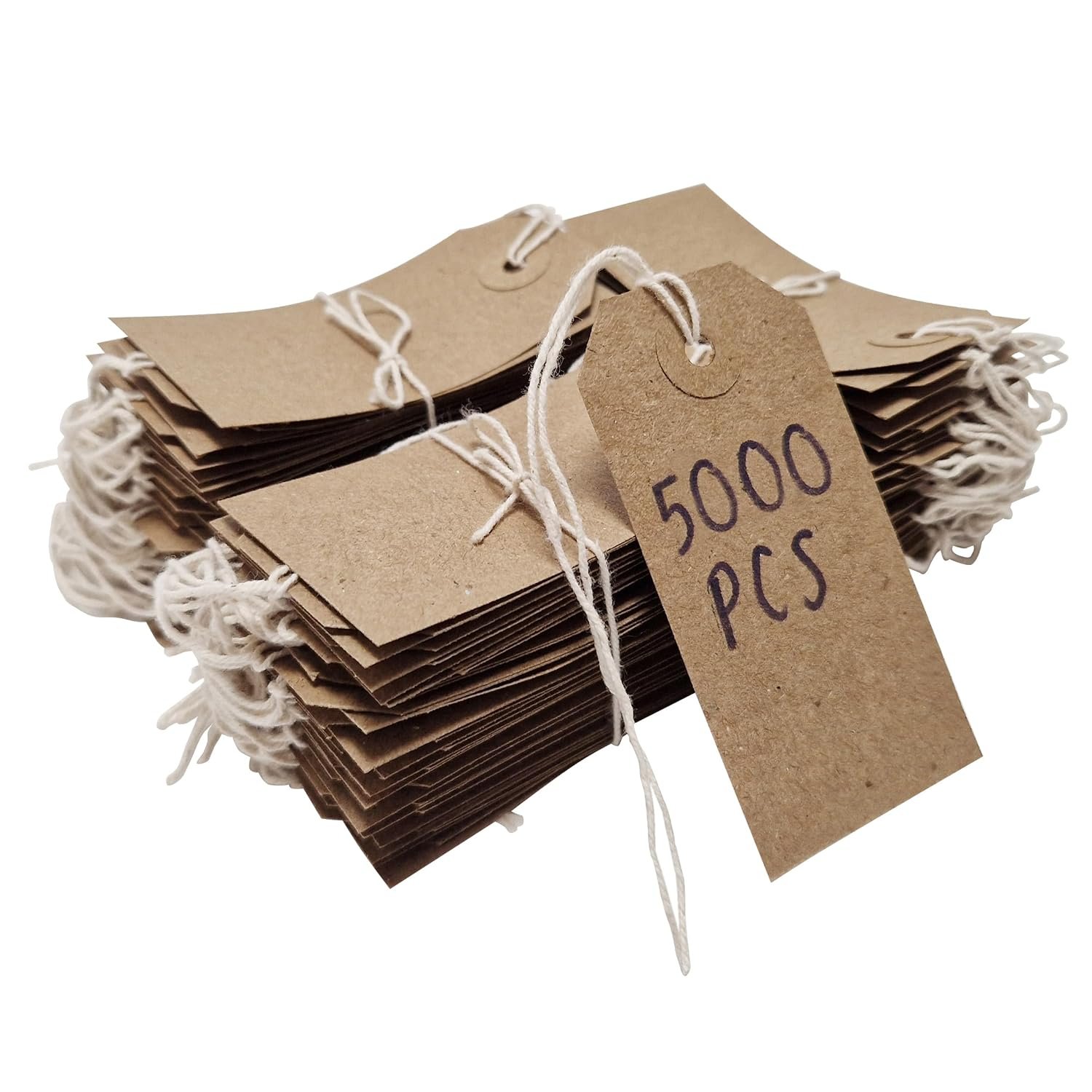 Swift Pack of 5000 Brown Kraft Reinforced Card Strung Tags: 108mm x 54mm Heavy Duty Hanging Gift Swing Tickets, Large Parcel Labels, and Price String Paper for Retail Clothing or Craft Labelling