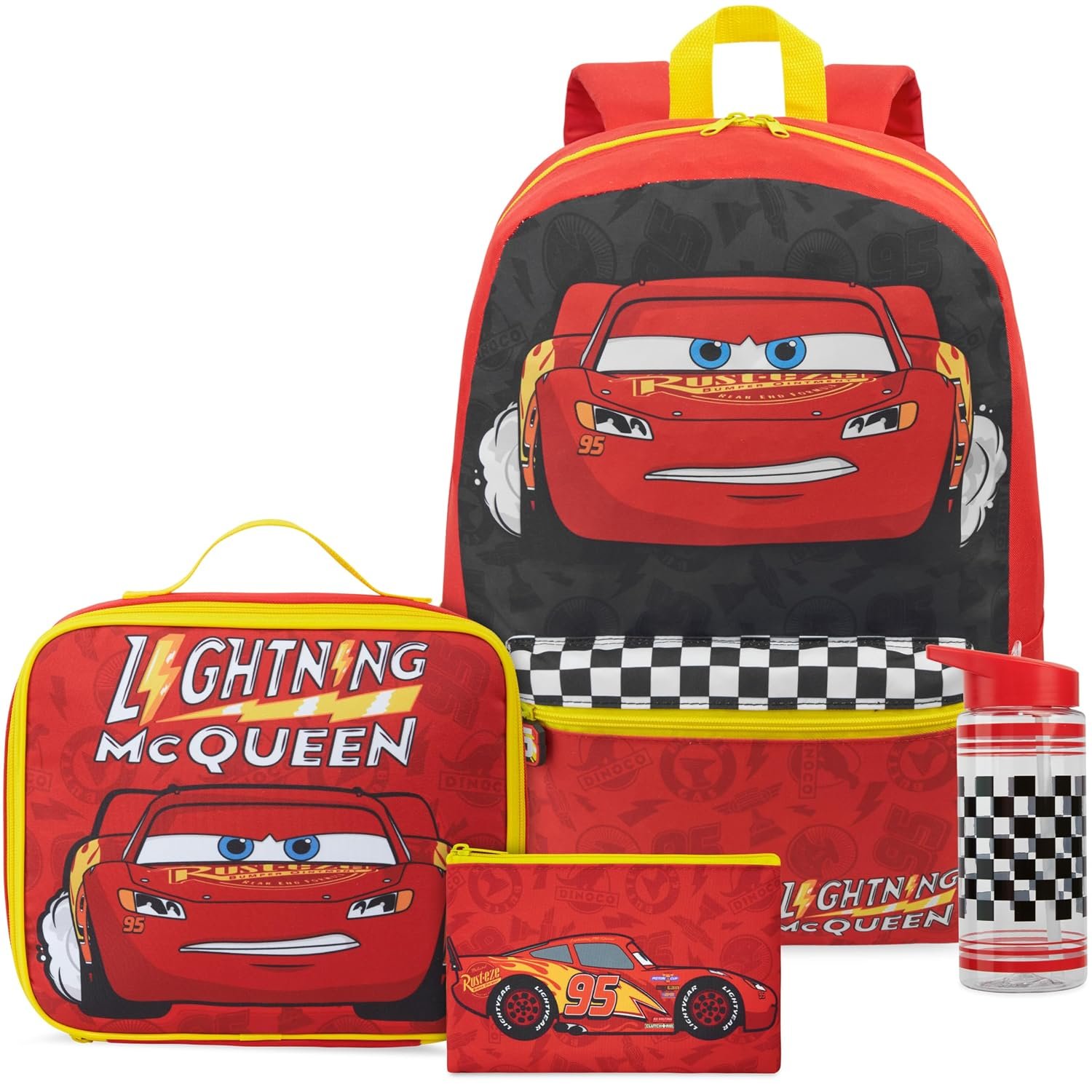 Get Trend Disney Cars Boys Backpack Set, 4 Piece Lightning McQueen School Bag with Insulated Lunch Bag, Pencil Case and BPA Free Water Bottle 500ml, Kids Sports Travel Rucksack (Red/Yellow Cars)