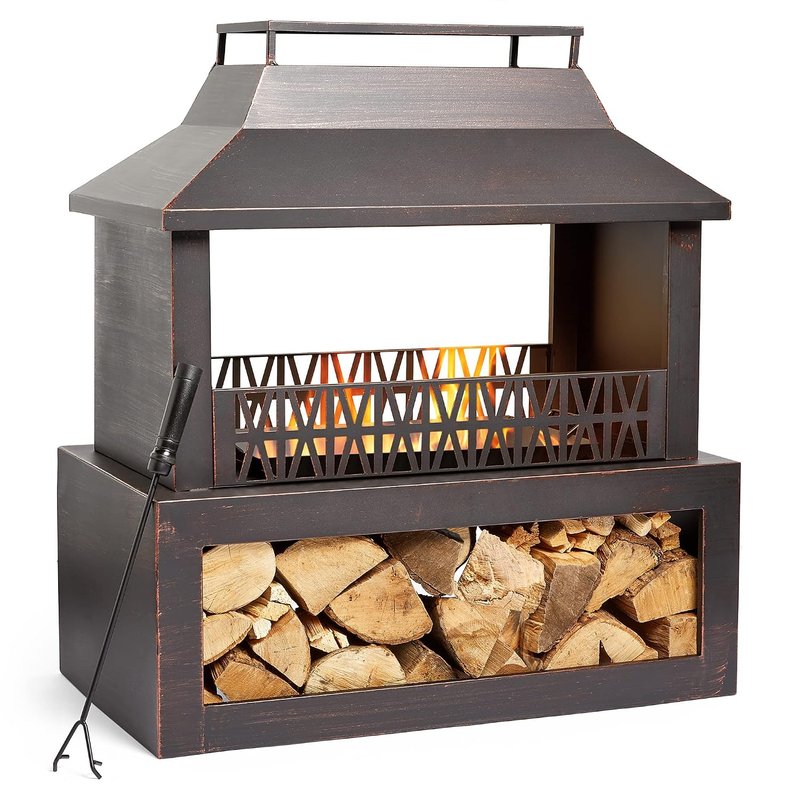 VonHaus Outdoor Fireplace, Fire Pit with Log/Wood Store for Garden, Patio, Fuel with Wood, Logs, Charcoal, Brushed Metallic Finish, Geometric Design, Steel, Weather Resistant, Includes Fire Poker