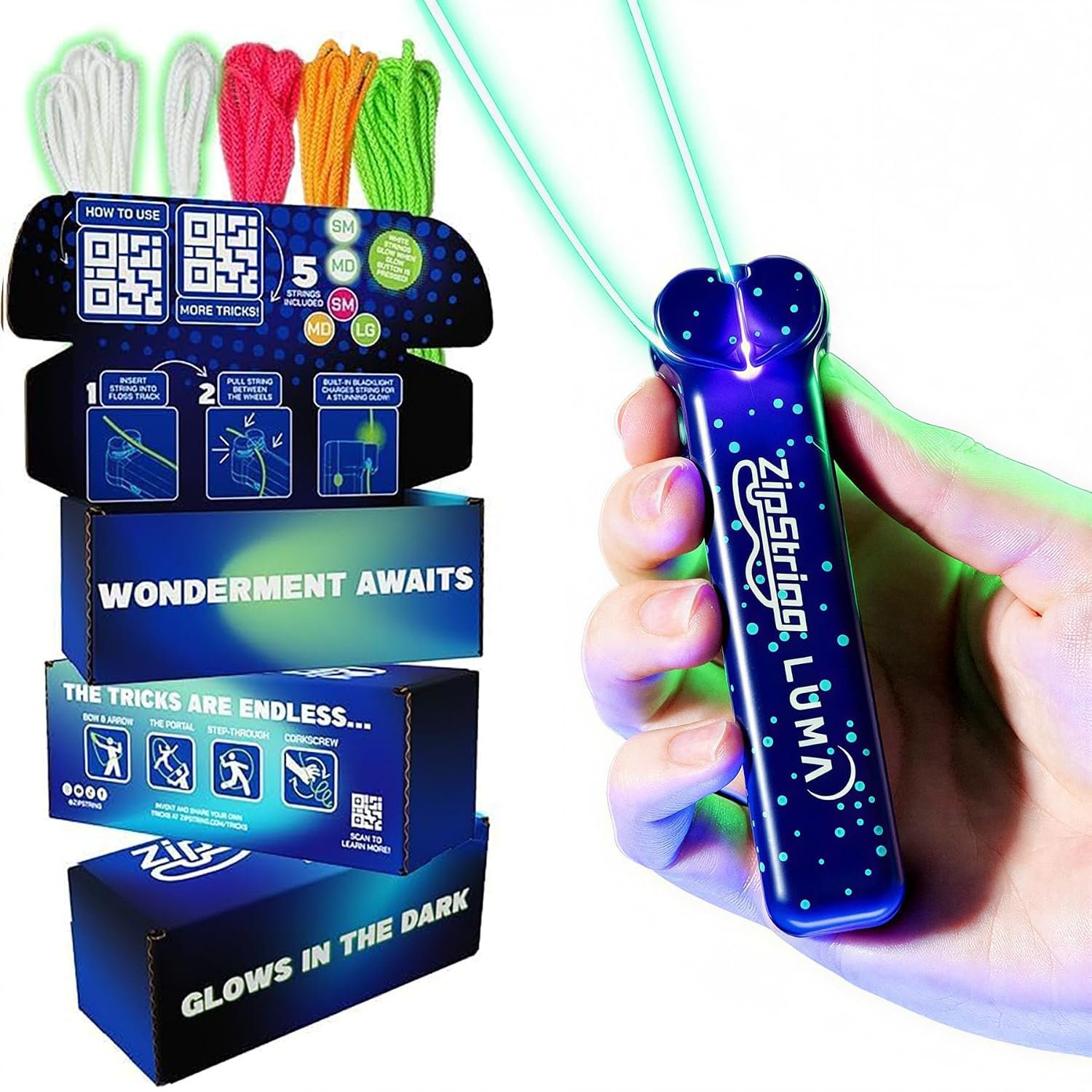 ZipString – Handheld String Launcher Toy – Viral Fidget Toy for Kids & Adults – USB-C Rechargeable (Luma Glows In The Dark)