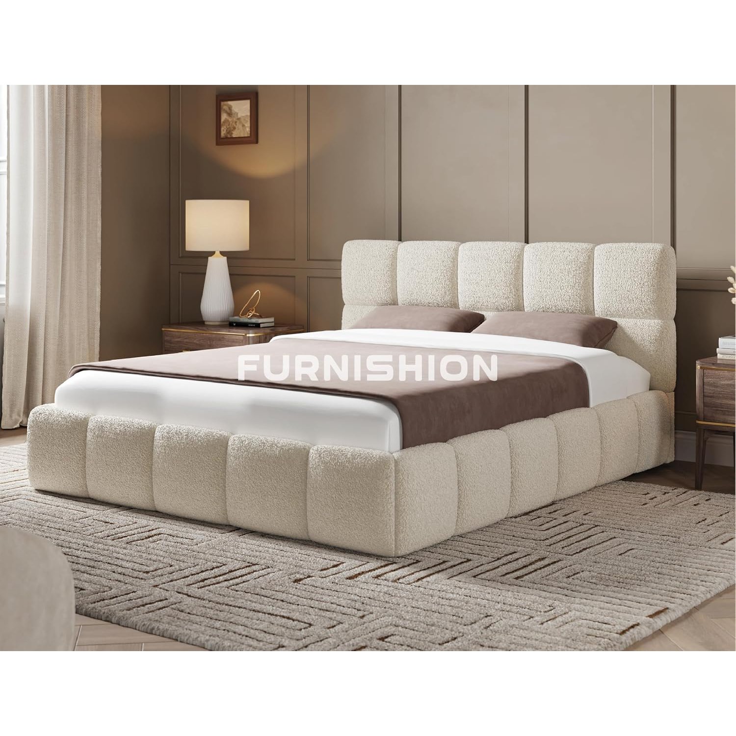 Furnishion Luxury Cloud Teddy Boucle Super King Bed Frame, 6ft Super King Size Bed, Luxury Teddy Boucle Upholstered Design, Strong Wooden Beds Frame 6ft Size with High Headboard in Ivory Boucle