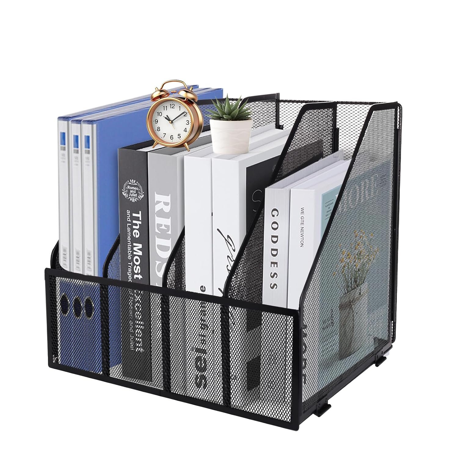 HMXLJJY Mesh Metal A4 Magazine File Holder, Desktop 4 Sections Document Holder Office File Storage Rack for Desk Tidy, Paper Organiser Filing Rack,4 Compartments,(Black)