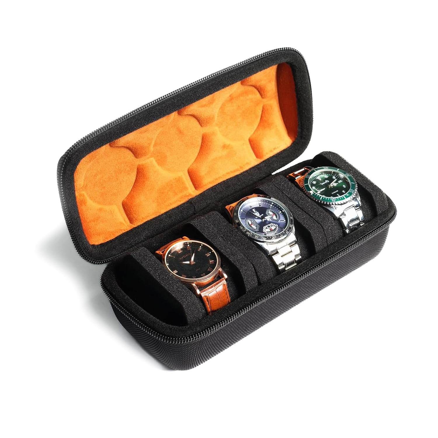 AUKURA Hard Watch Travel Case, Zipper watch roll Storage and Organizer for Men and Women, with anti-move watch pillow (BLACK, 3 SLOT)