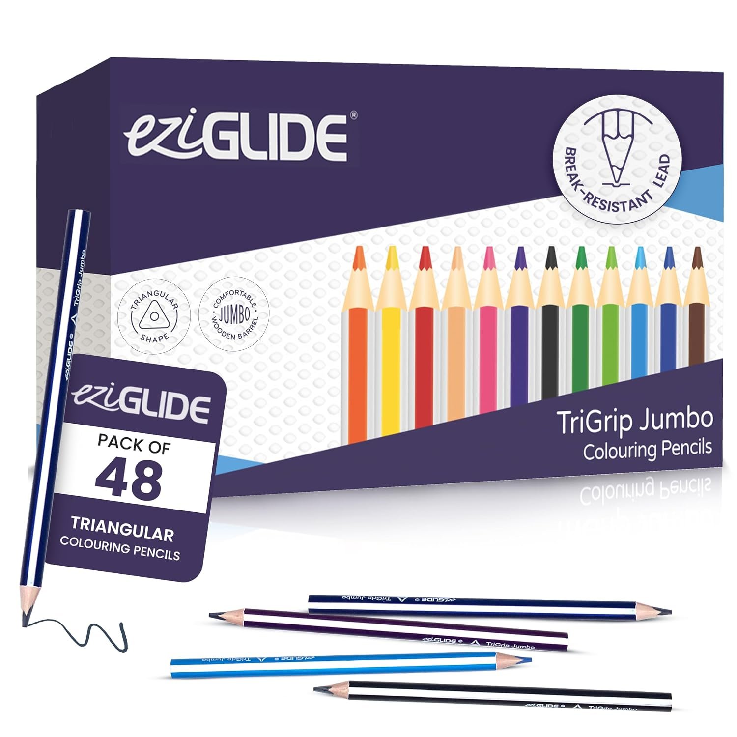 Eziglide Jumbo TriGrip Colouring Pencils, Tub of 48 Triangular Pencils, Break resistant super bonded lead, 12 Assorted high pigment colours, Improves children's pencil grip, comfort and control
