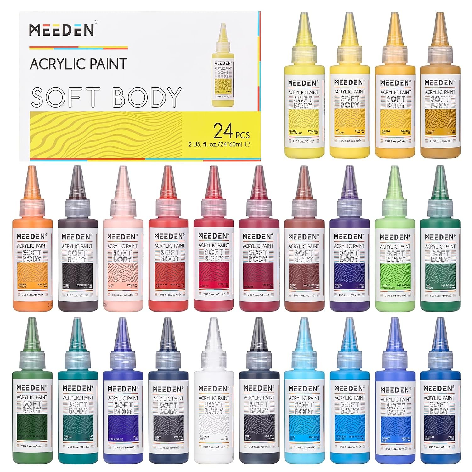MEEDEN Soft Body Acrylic Paints Set: 24 Matte Finish Colors x 60ml/2oz Fluid Acrylic Paints for Art Painting on Canvas Wood & Glass for Students Adults Artists