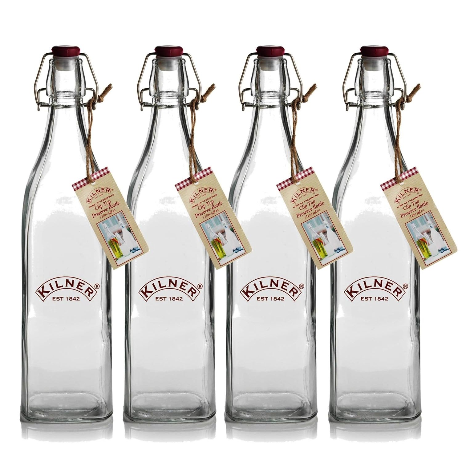 Kilner Traditional Vintage Style Square Airtight Clip Top Preserve Glass Bottles, 1 Litre - 4 Piece Set