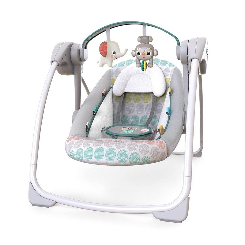 Bright Starts Portable Automatic 6-Speed Baby Swing, Compact Easy-Fold, Music, Toy Bar, 0-9 Months 6-20 lbs (Whimsical Wild)