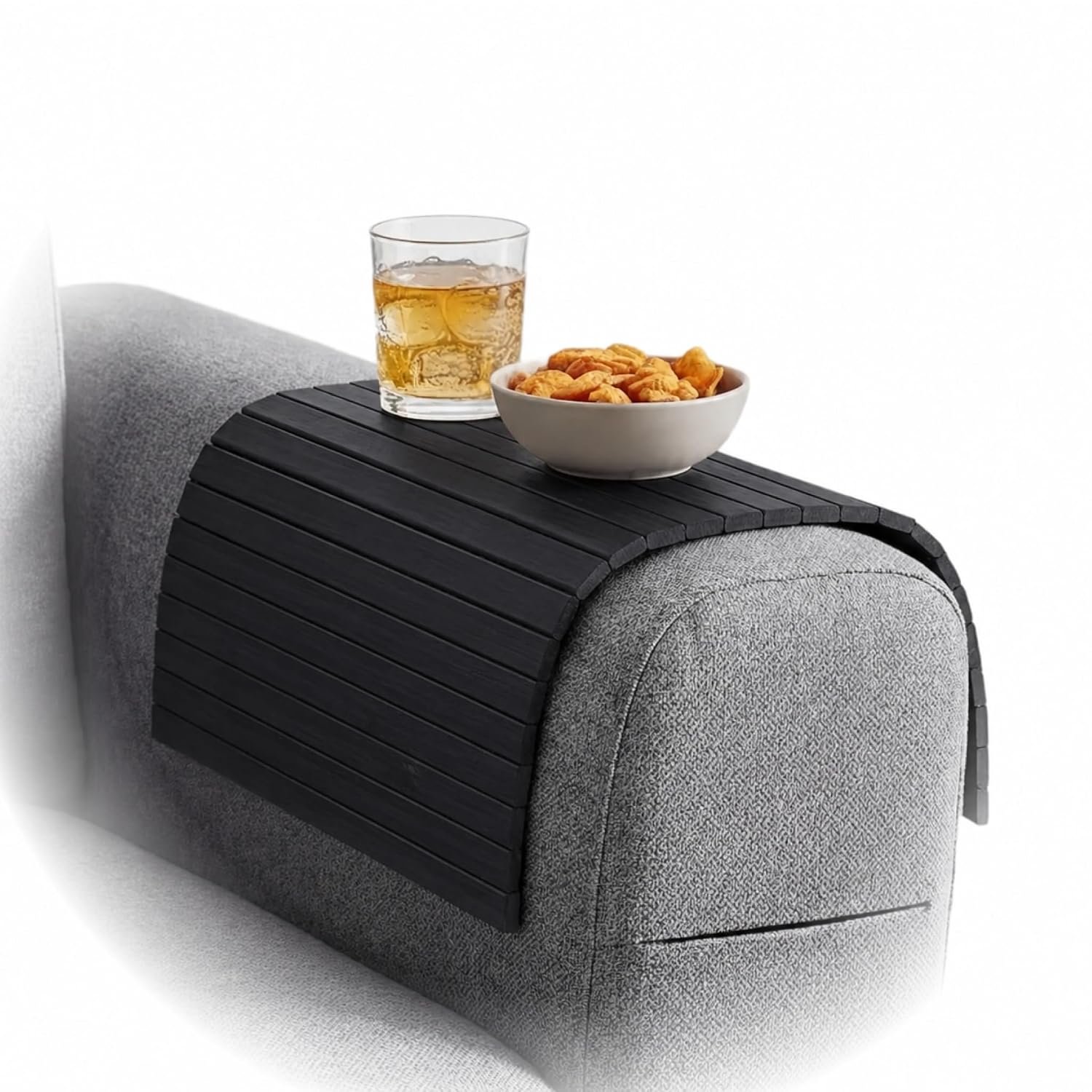 BAM BOO BOX Sofa Arm Tray Bamboo – Sofa Tray Table Caddy 42x34x0.7cm – Armchair Table Cup Holder Bamboo – Couch Caddy Wood Natural | For Glasses, Cups & Plates (Black)