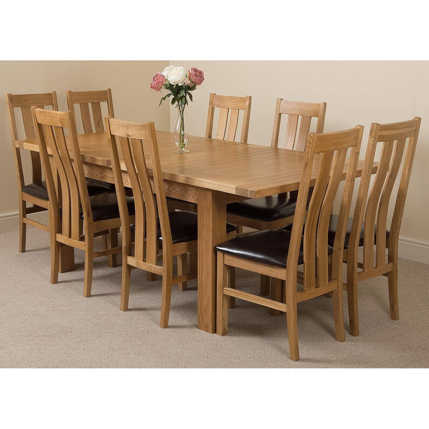 OakFurnitureKing Solid Oak Extending Dining Table & Chairs Set 8 Seater Kitchen Dining Set – Seattle 150-210 cm Extendable Table & Princeton Chairs with Upholstered Leather Seat, Wooden Furniture