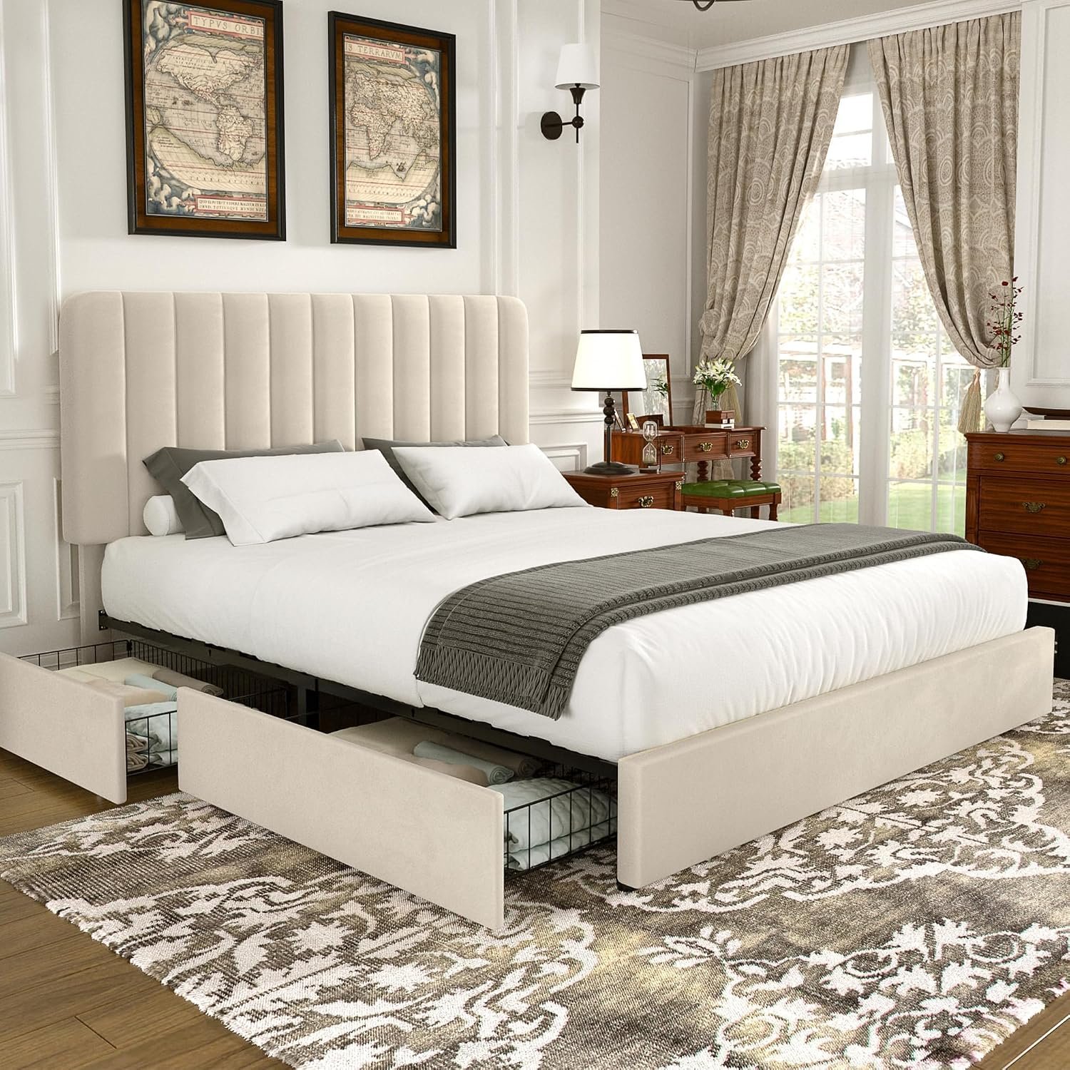VECELO 4ft6 Double Bed Frame with 4 Storage Drawers, Velvet Upholstered Bed with Headboard, Wooden Slats Support, No Box Spring Needed, Beige