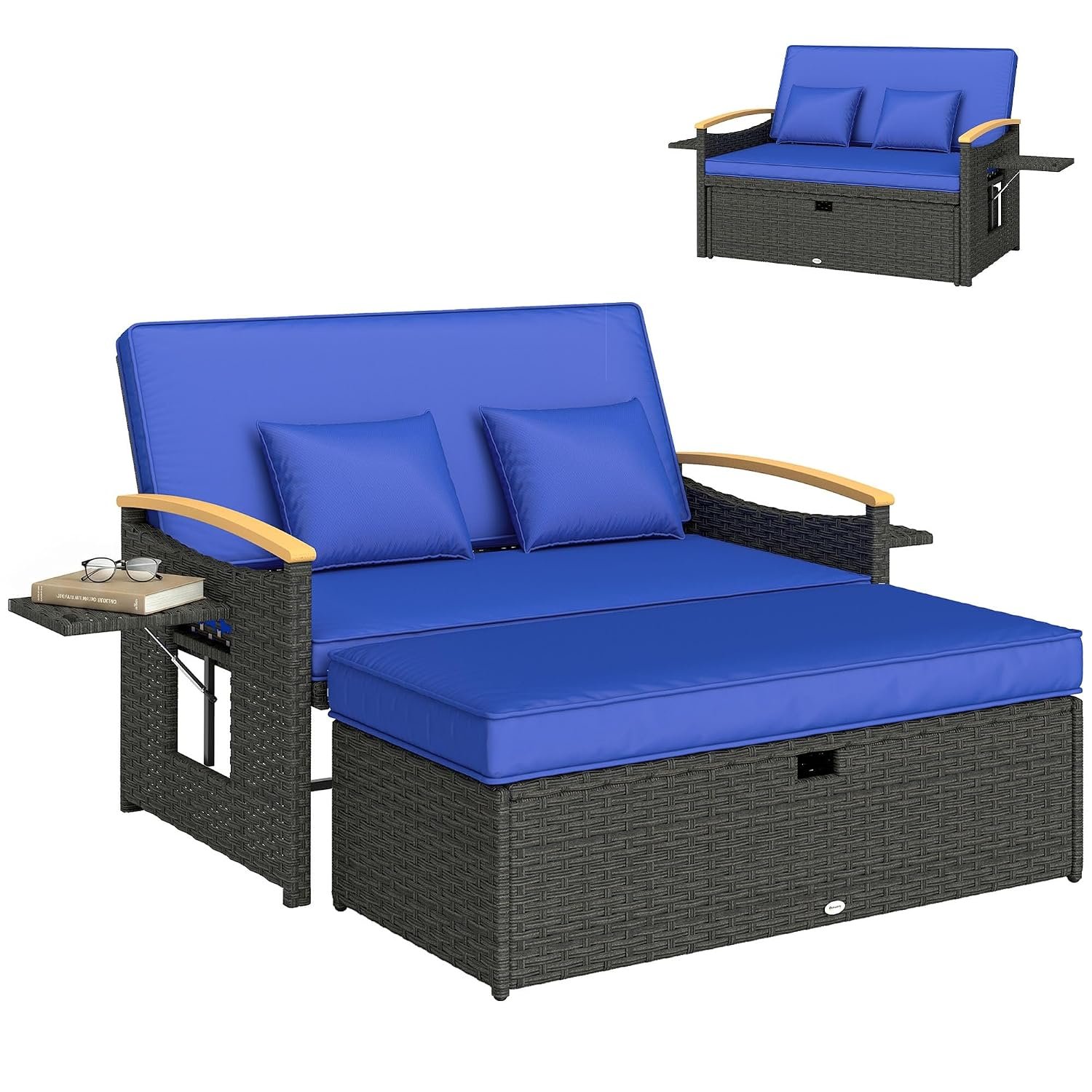 Outsunny Double Garden Rattan Daybed, Wicker Sun Bed Chaise Lounger with Storage Ottoman, 4-Level Adjustable Backrest, Side Tray, Cushions, Outdoor Conversation Furniture Loveseat Sofa, Brown