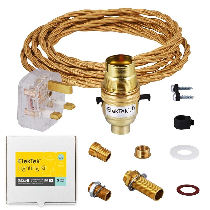 ElekTek Premium UK B22 Lamp Refurbishment Fixing Kit, Solid Brass Safety Switch Bayonet Lamp Holder, Comprehensive Fittings Pack, 13A Plug (3A Fuse), Gold Twisted Braided Fabric 3-Core Lighting Flex