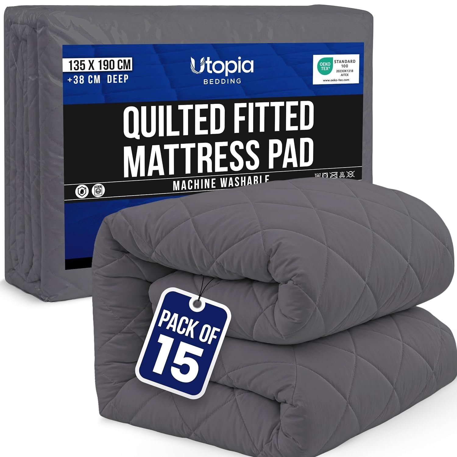 Utopia Bedding Quilted Mattress Protector, Breathable Mattress Pad Stretches up to 38 CM, Deep Fitted Cover, Double Bed (Grey, 135x190 cm, Pack of 15)