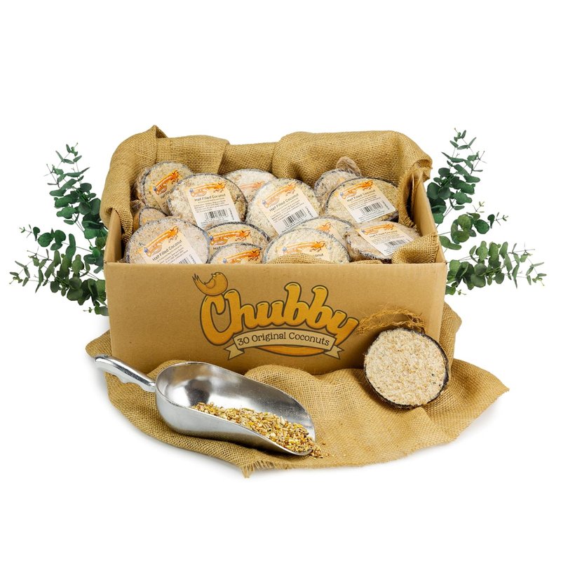 Chubby Mealworms Coconut Halves Bird Feeder, Protein Rich Suet for Blackbirds, Woodpeckers, Starlings & Sparrows - Box of 30