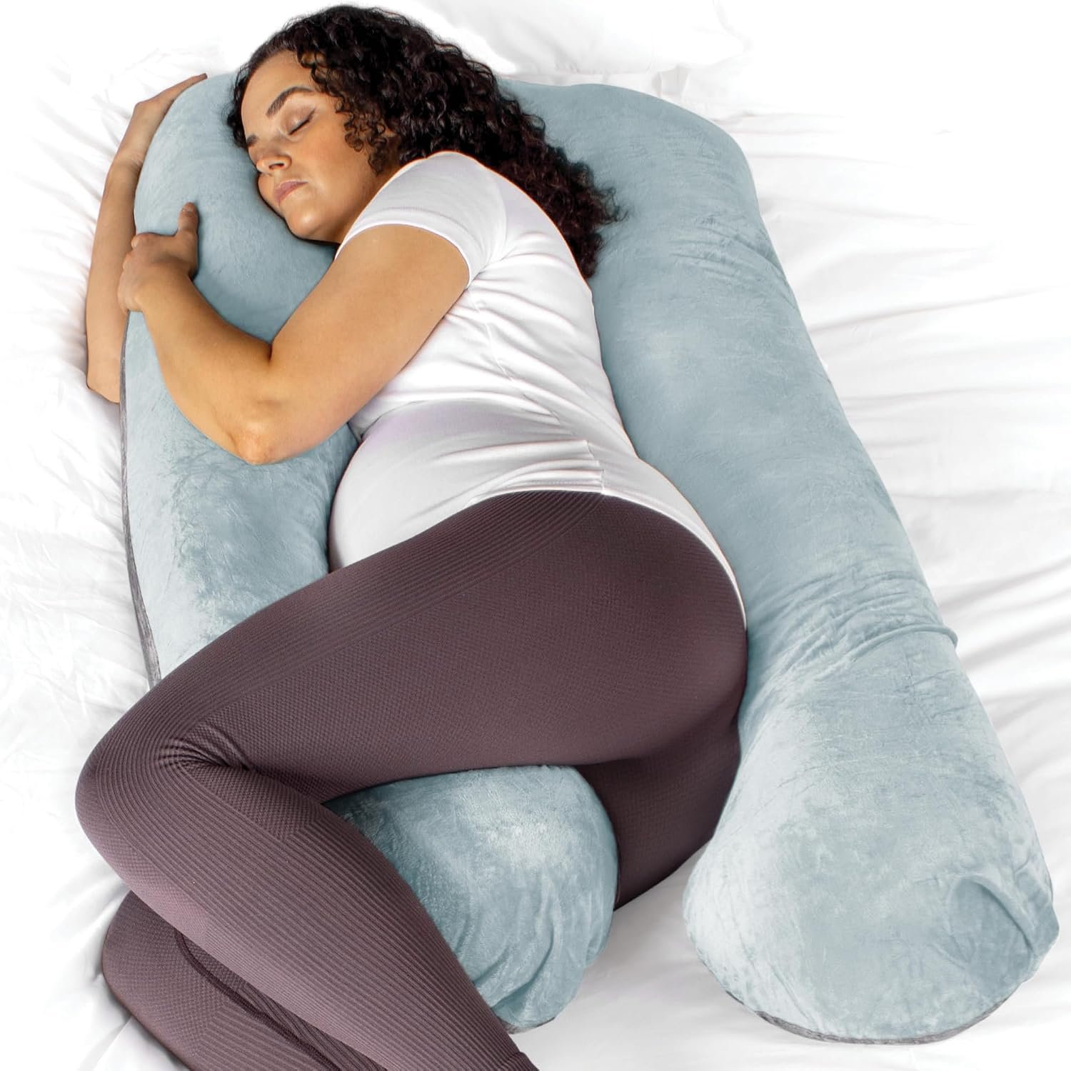 Aamira Blue & Dark Grey Two-tone Pregnancy Pillow, U Shaped 130x75cm Shredded Memory Foam Maternity Pillow, Full Body Support Pregnancy Pillows for Sleeping, Machine Washable & Removable Velvet Cover