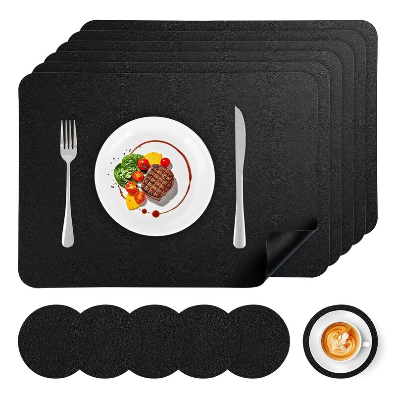 APLKER Faux Leather Placemats and Coasters Set of 6, Wipeable Waterproof Oil-Proof Heat Resistant Table Mats for Dining, Kitchen, Hotel, 16.9 x11.8 inches(Large Place Mats) - Black