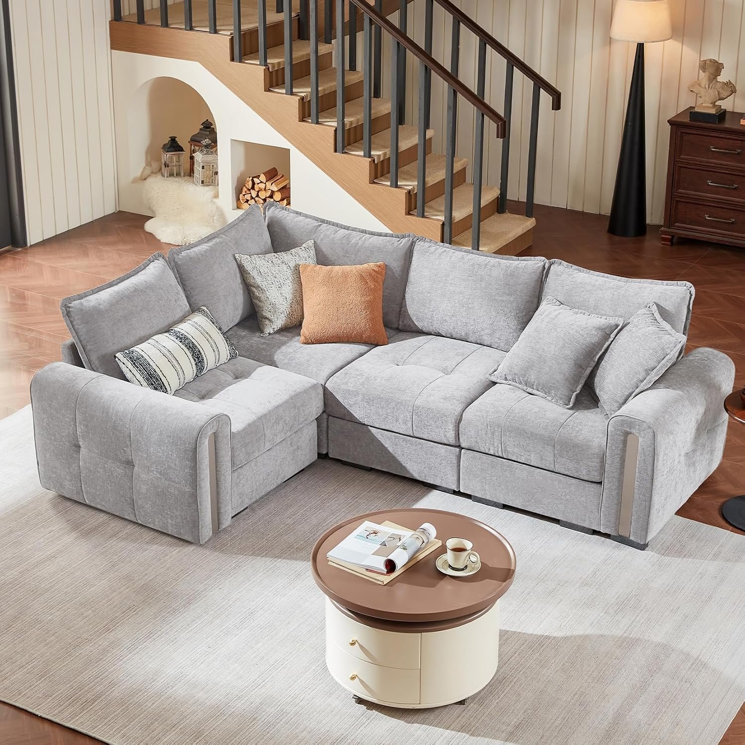 Vesgantti 3 Seater Sofas with Storage, Modular Sectional Light Grey Sofa for Living Room in soft Chenille, Small Couch for Bedroom, Home Office, Studio, 3 Seater