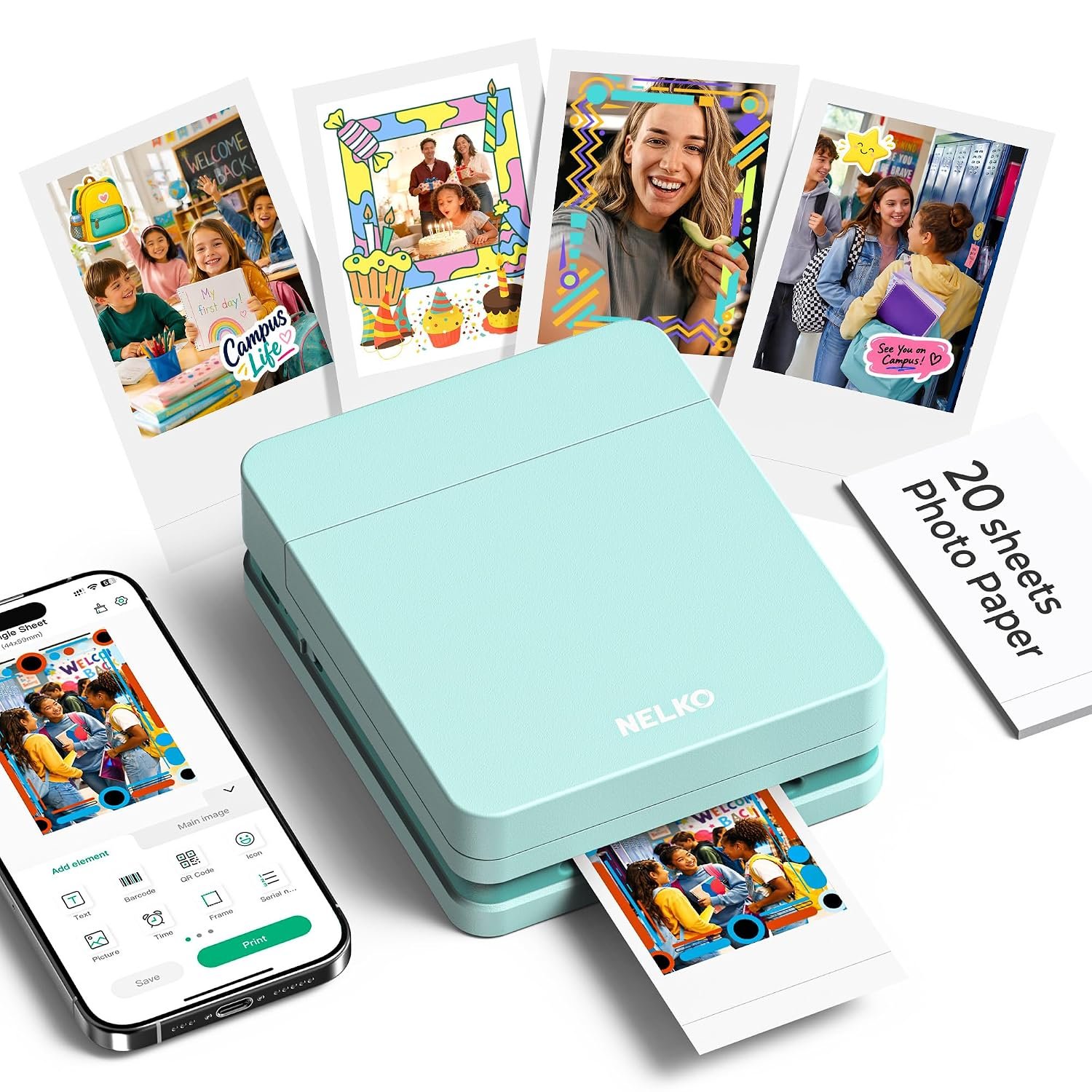Nelko Photo Printer, PP01 Color Portable Mini Photo Printer, Instant Smartphone Inkjet Sticker Printer, Sticky-Back Photos, for iOS & Android, Fun Editing Smart AI APP, Green