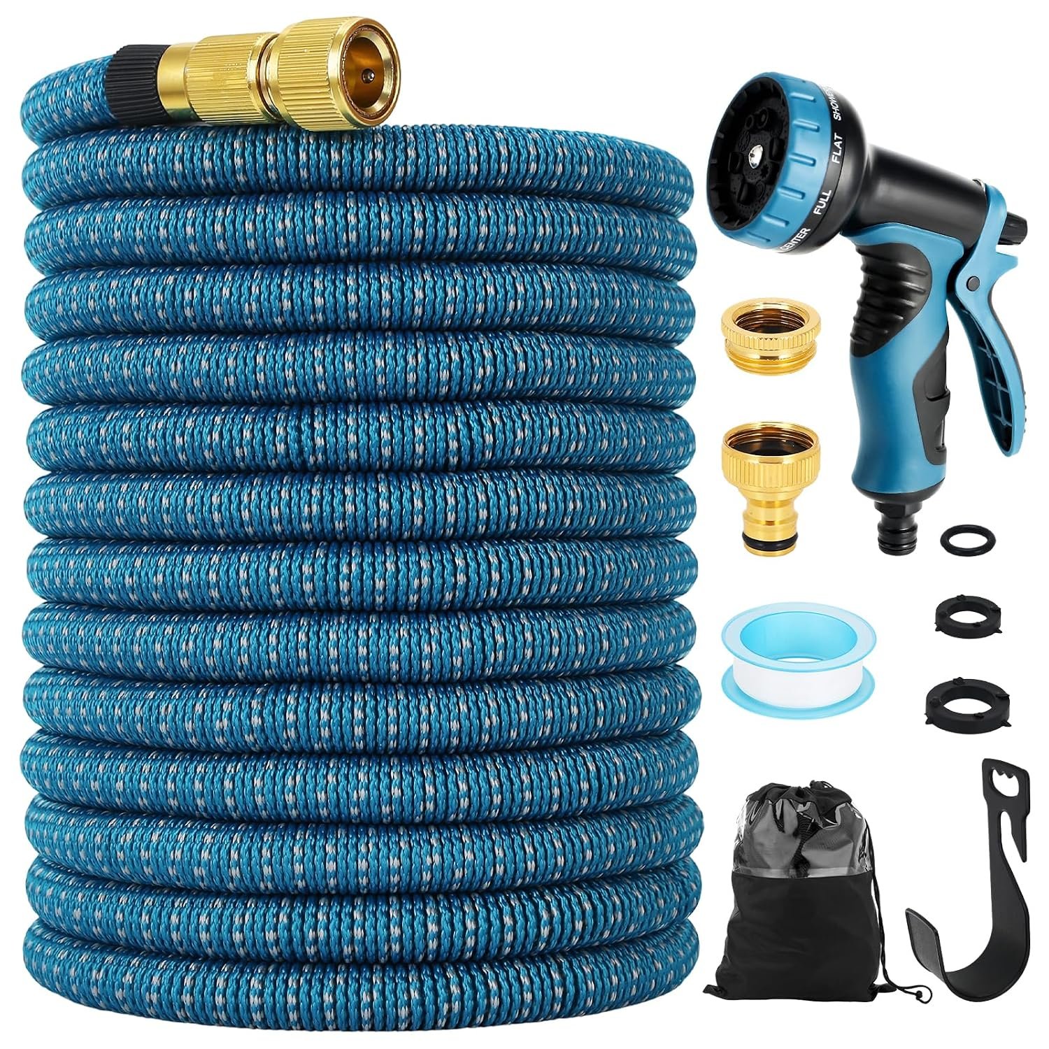 Garden Hose 100FT, with 3/4 Inch and 1/2 Inch Fittings, 10 Function Hose Spray Gun, Made of Three-Layer Latex Core and Super Strong Fabric, Tangle Free, Can Prevent Leakage and Rupture