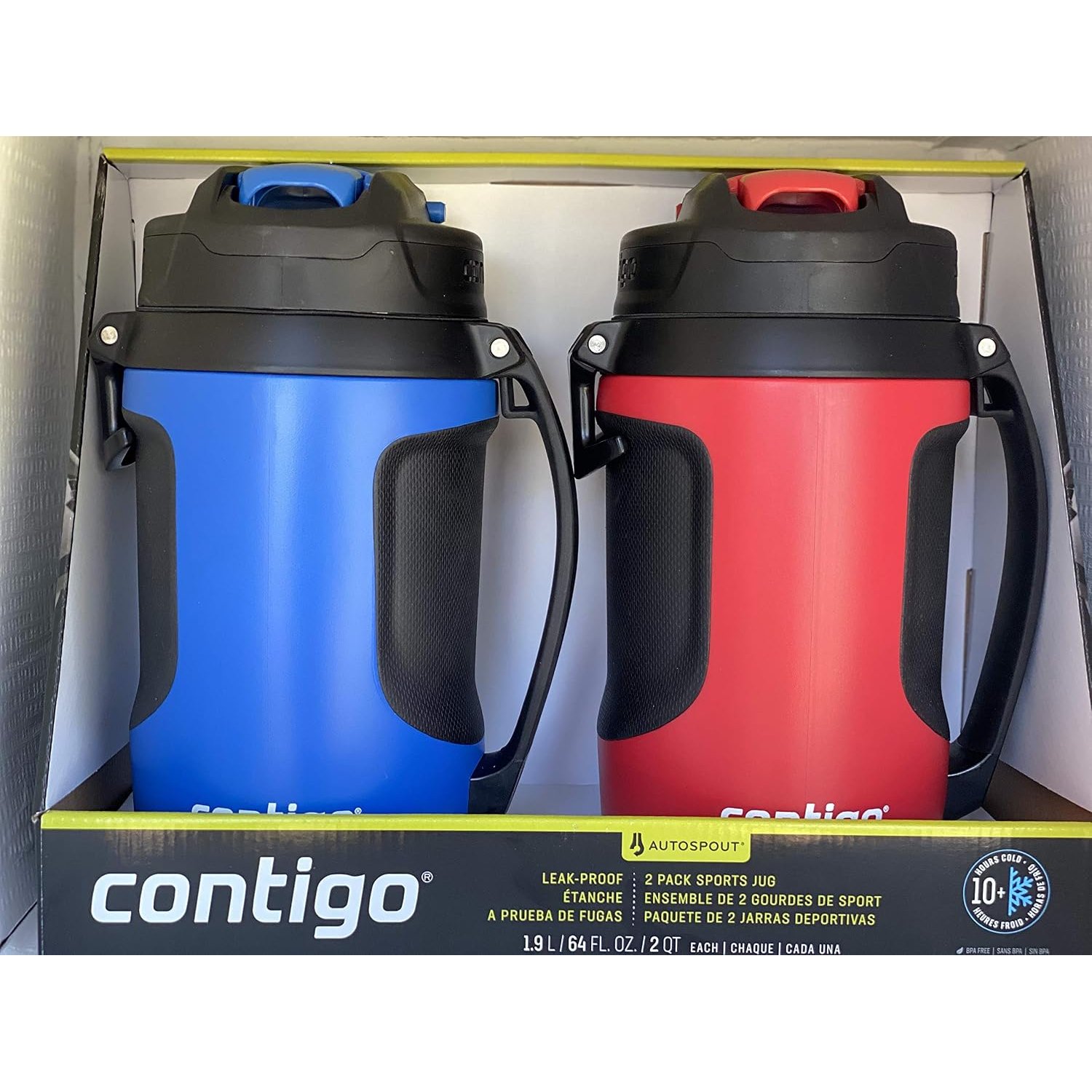 1.9 litre sports flasks, red and blue, ideal for keeping cold in your drinks. Lightweight and comfortable to carry