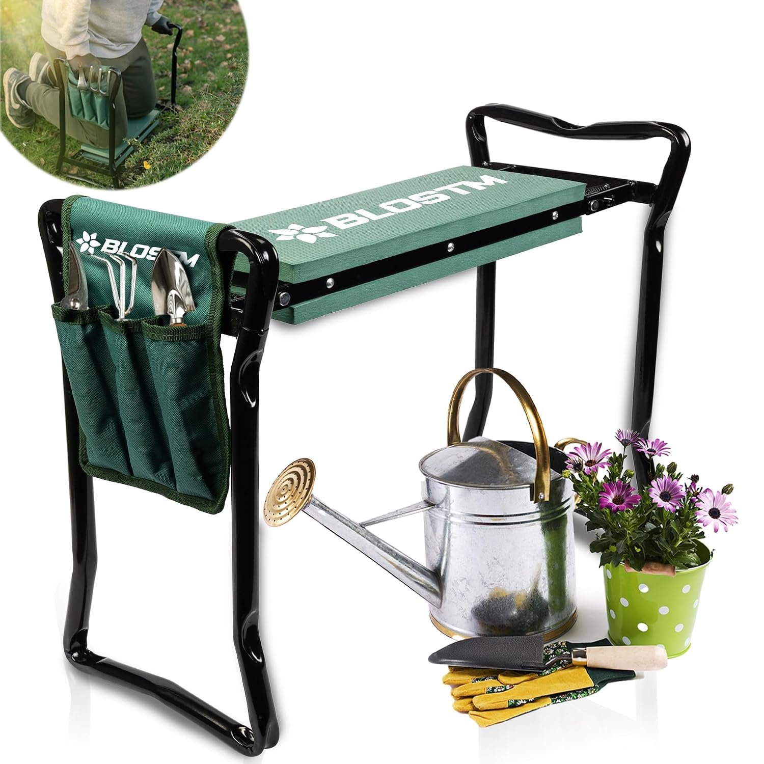 BLOSTM 2 in 1 Garden Kneeler and Seat - Foldable, Portable Garden Kneeling Pad & Gardening Stool with Handles, Thick Soft Foam Cushion, High Load Capacity (Up to 150kg) - With Pouch for Tools