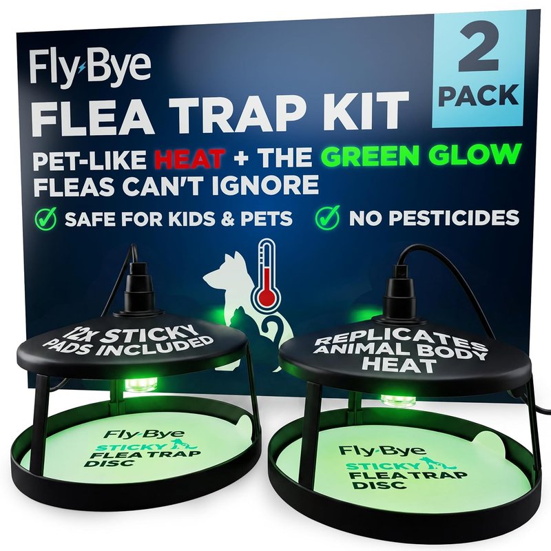 Fly-Bye Flea Trap Kit with Unique Green Light – 2 Flea Traps with 12 Non-Toxic Sticky Pads – Unscented Flea Killer for Home – No Spray or Flea Bomb Needed - Green Light and Heat Irresistible to Fleas