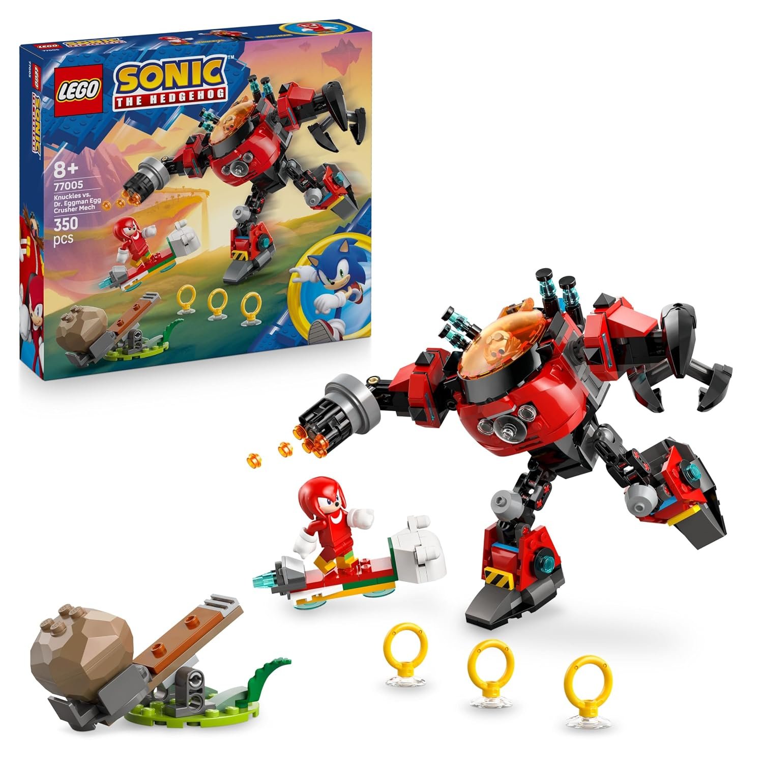 LEGO Sonic the Hedgehog Knuckles vs. Dr. Eggman Egg Crusher Mech Toy - Building Set incl. 2 Minifigures, Rings & Chaos Emeralds - Video Gaming Gift for 8+ Year Old Boys & Girls - 77005