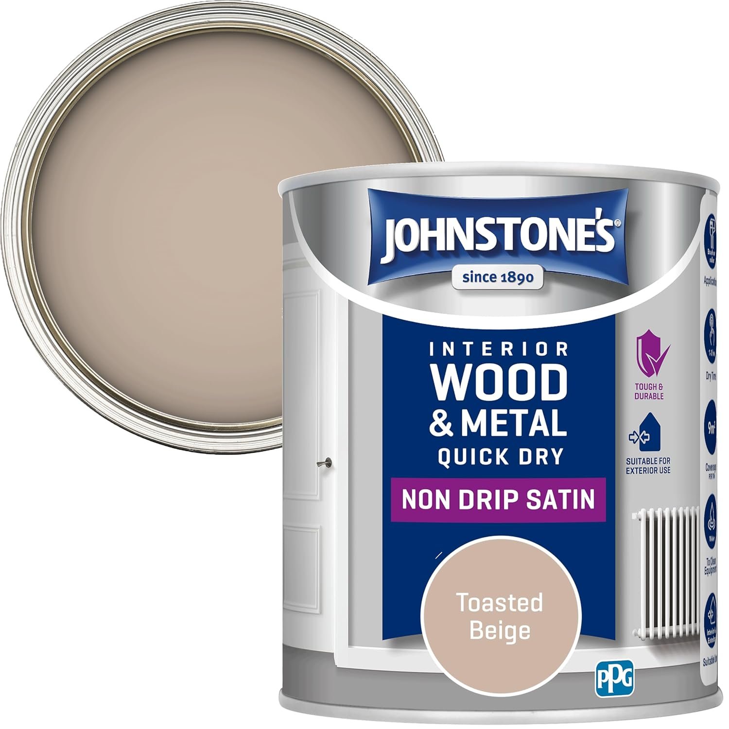 Johnstone’s - Quick Dry & Nondrip Satin Paint for Wood & Metal - Toasted Beige | Interior & Exterior | Self-Undercoating, Low Odour, Water-Based, Dry in 1-2 Hours | 12m2 Coverage per Litre | 750ml