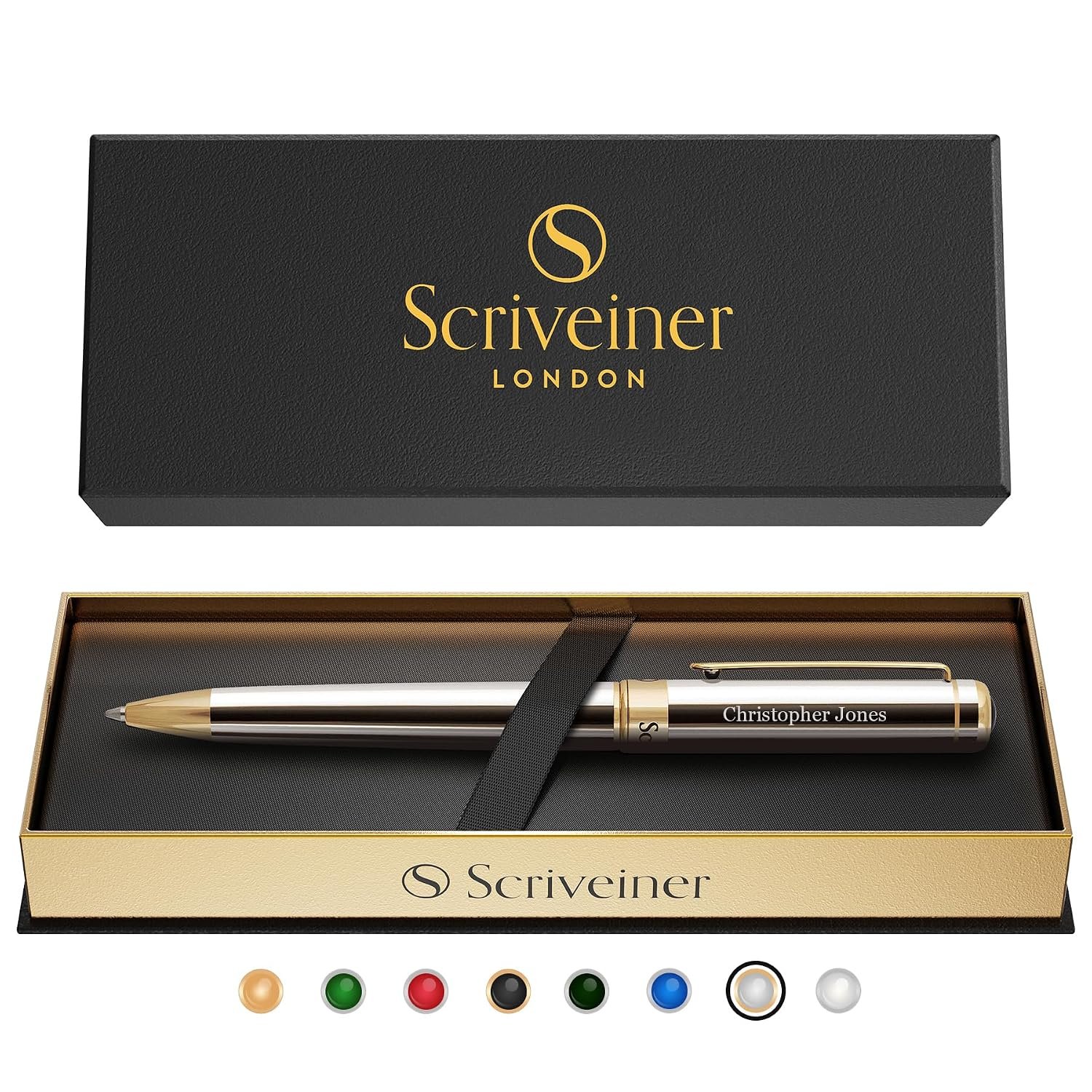 Scriveiner Personalised Pen Silver Chrome Ballpoint - Stunning Luxury Pen, Real Gold Plating, Schmidt Ink Refill, Best Engraved Ball Point Gift Set for Men & Women, Custom Name Engraving