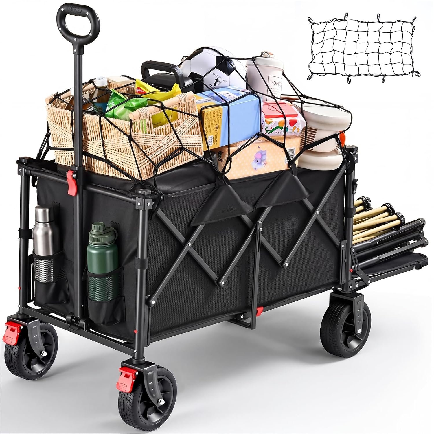 250L Festival Trolley on Wheels, Folding Wagon, Portable Camping Cart, Heavy Duty Camping Trolley Foldable for Beach Outdoor Shopping Fishing, Rear-Opening Design, Front Dual Brake Trolley, Black