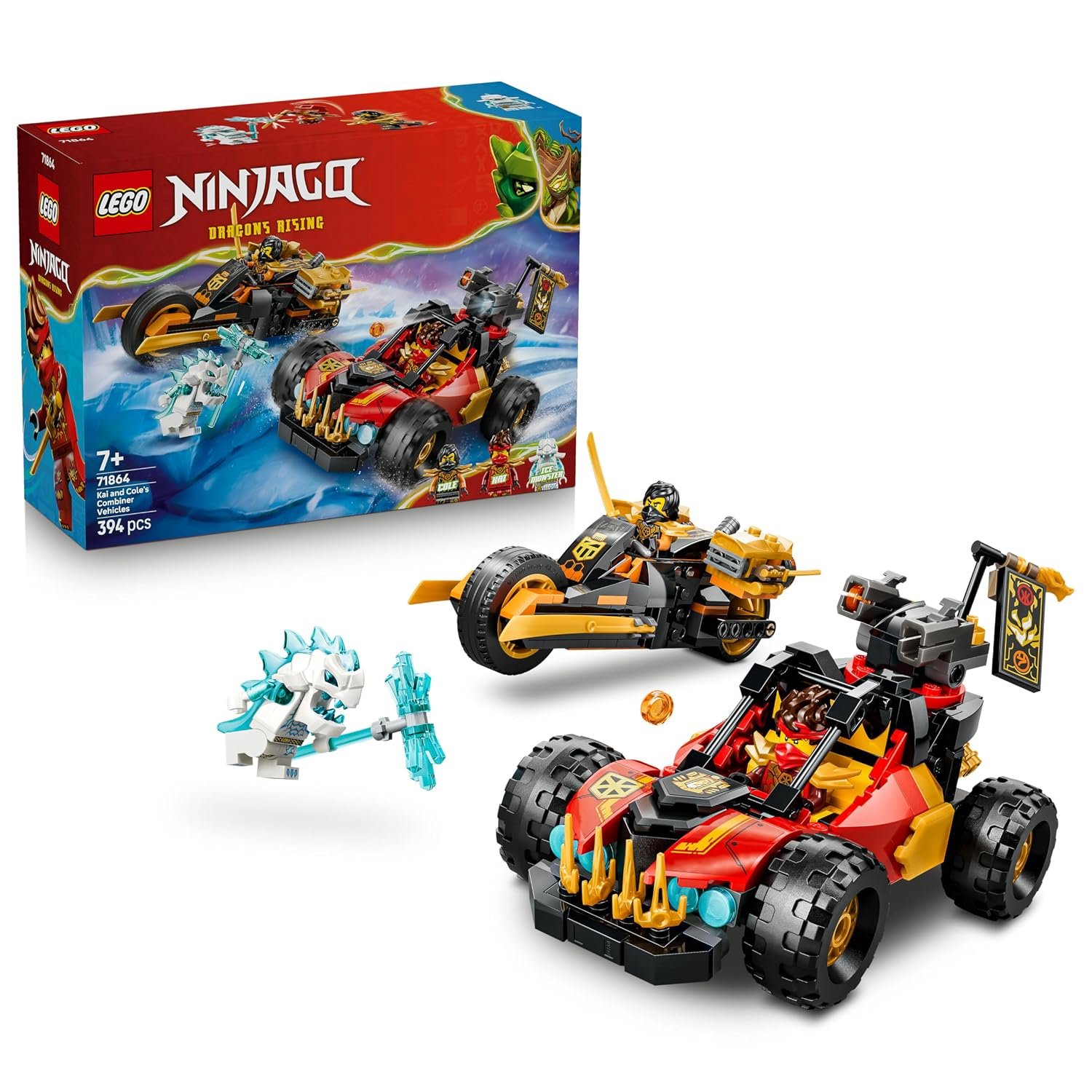 LEGO NINJAGO Kai and Cole's Combiner Vehicles - Ninja Toy Car, Motorbike, 3 Minifigures incl. Kai & Cole w/Katanas - Gift Idea for 7+ Year Old Boys & Dragons Rising Fans - 71864