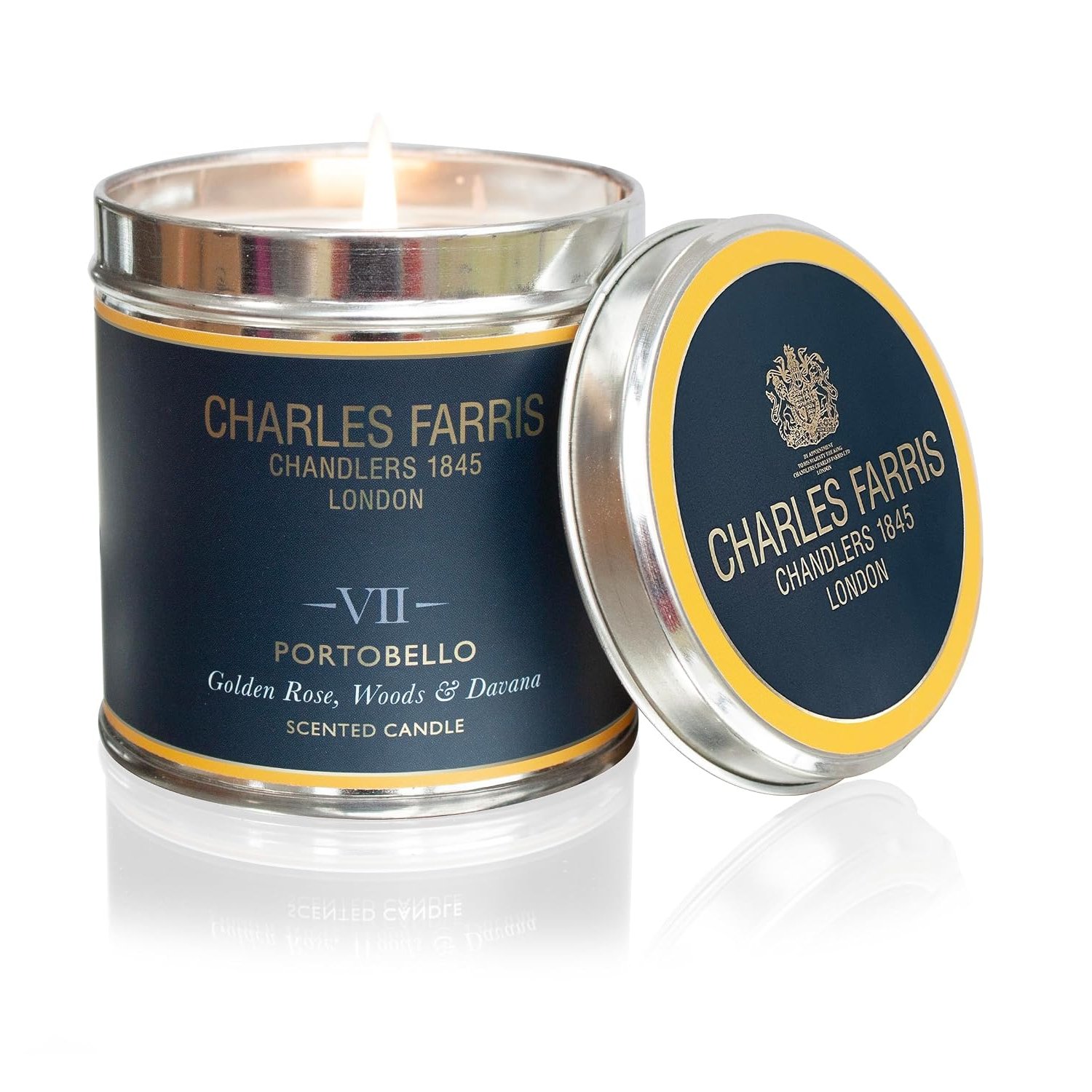 Charles Farris Portobello Scented Luxury Tin Candle - Golden Rose, Pomegranate & Davana - Hand-Poured in England - 40 Hours+ Burn Time