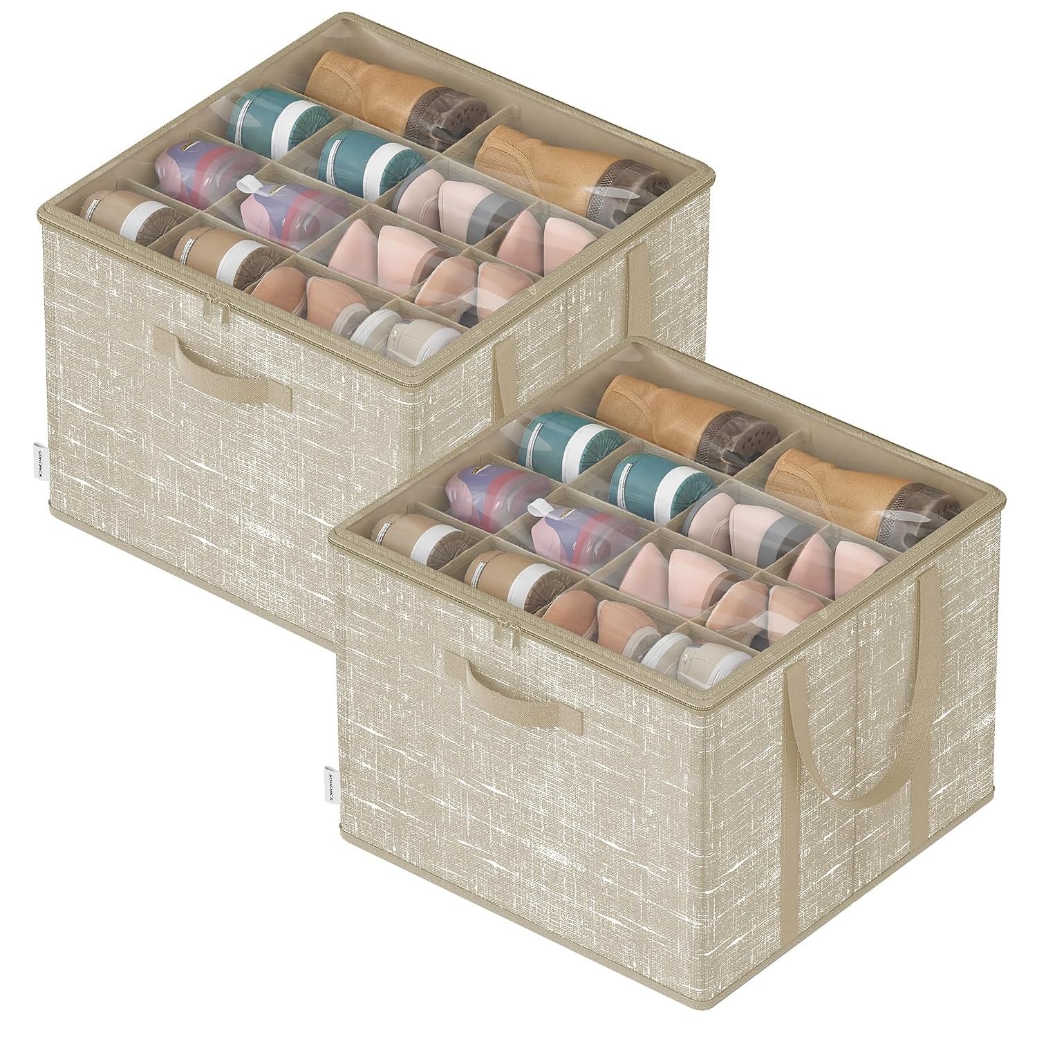 SONGMICS Set of 2 Shoe Organisers, Fits up to 16 Pairs Each, Shoe Storage Boxes, Fabric Bin with Handles and Transparent Lid, for Closet, Bedroom, Entryway, Cappuccino Beige LSP602LF01