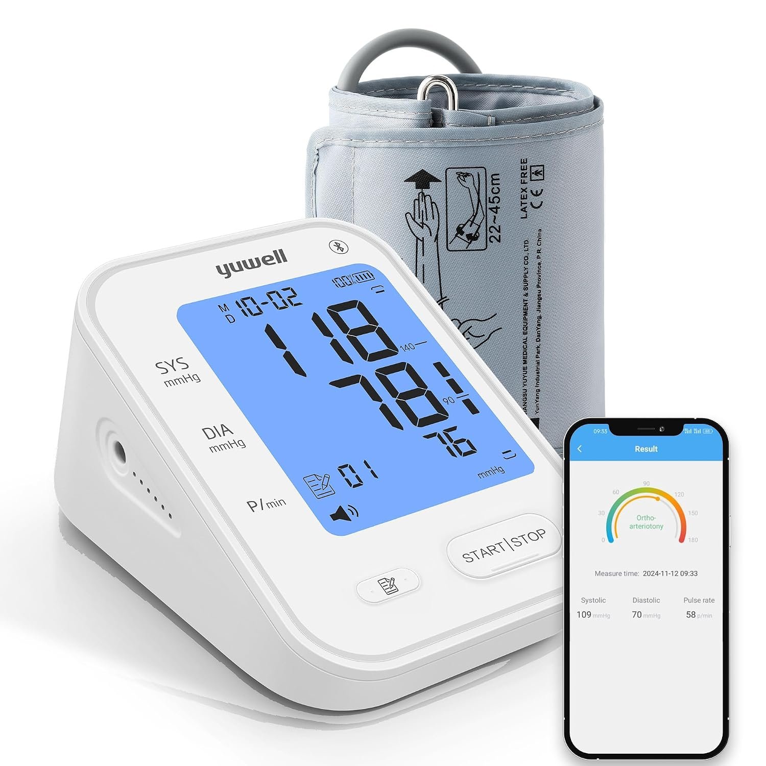 yuwell Smart Blood Pressure Monitor with Bluetooth | Extra Large Cuff for 22–45 cm, Voice Transmission, 3-Color Backlit Display, Rechargeable Battery, Free App for iOS & Android (YE650AR)