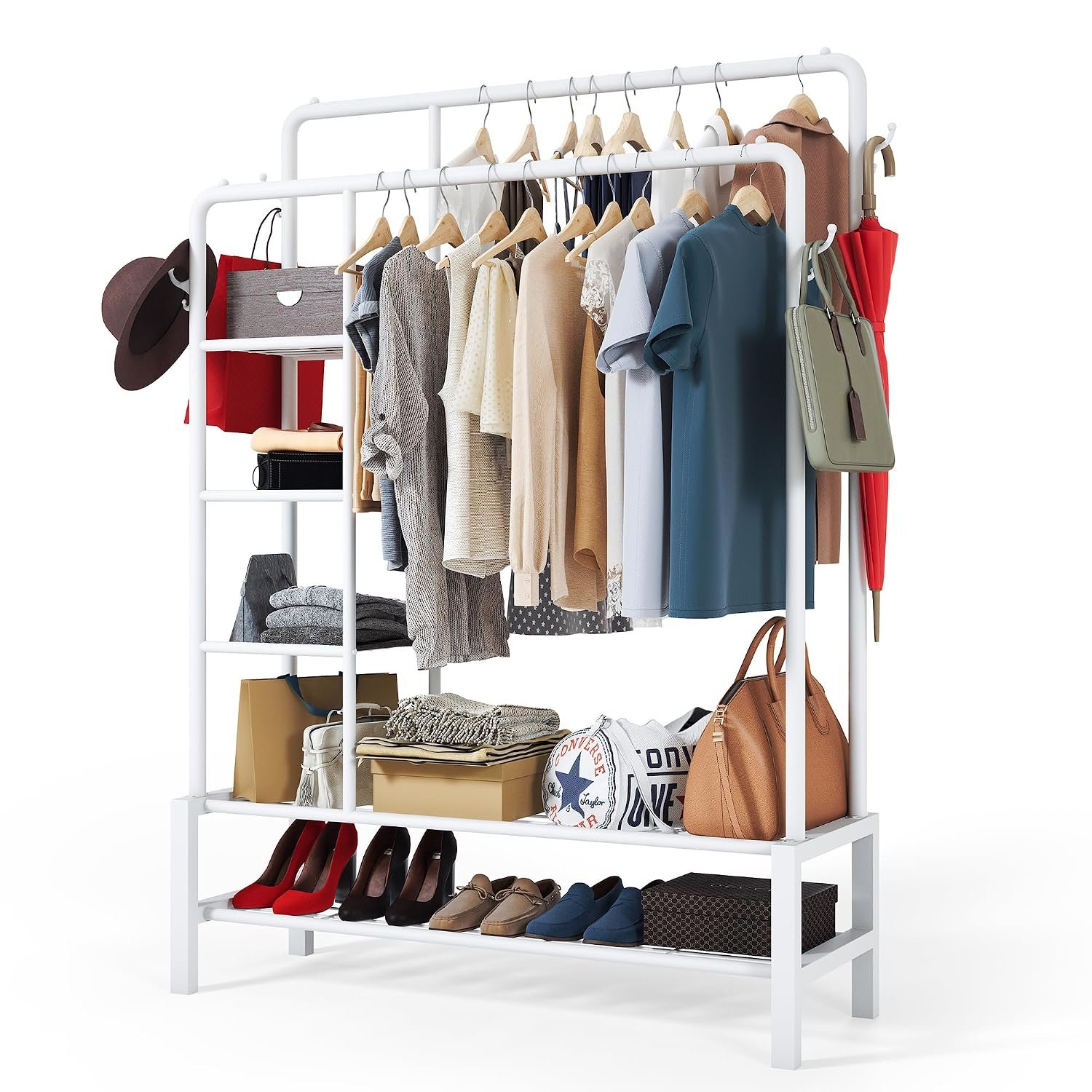 Klass Home Collection Heavy Duty Clothes Rail, 120KG White Metal Rack With Double Hanging Clothing Rail, Shoe Rack, Storage Shelves & 4 Coat Hooks, Wardrobe Clothes Rails For Bedroom Office Shop
