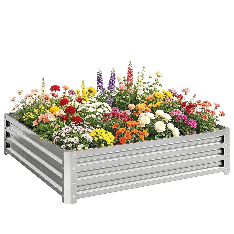 Outsunny 432L Square Raised Garden Bed, Galvanised Planter Box Outdoor with Open Bottom, Metal Raised Garden Bed Kit for Vegetables, Flowers and Herbs, 120 x 120 x 30cm, Silver Tone