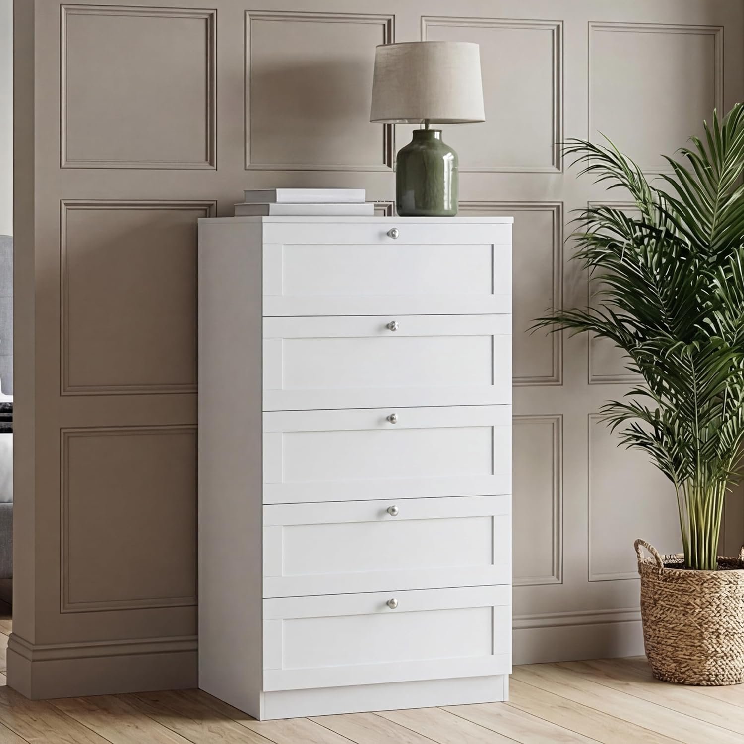 Vida Designs Altino 5 Drawer Chest of Drawers | White | H 121 x W 65 x D 36 cm | Bedroom Storage Unit | Easy Assembly | Clothes Storage Cabinet | Modern Shaker Style Hallway or Guest Room