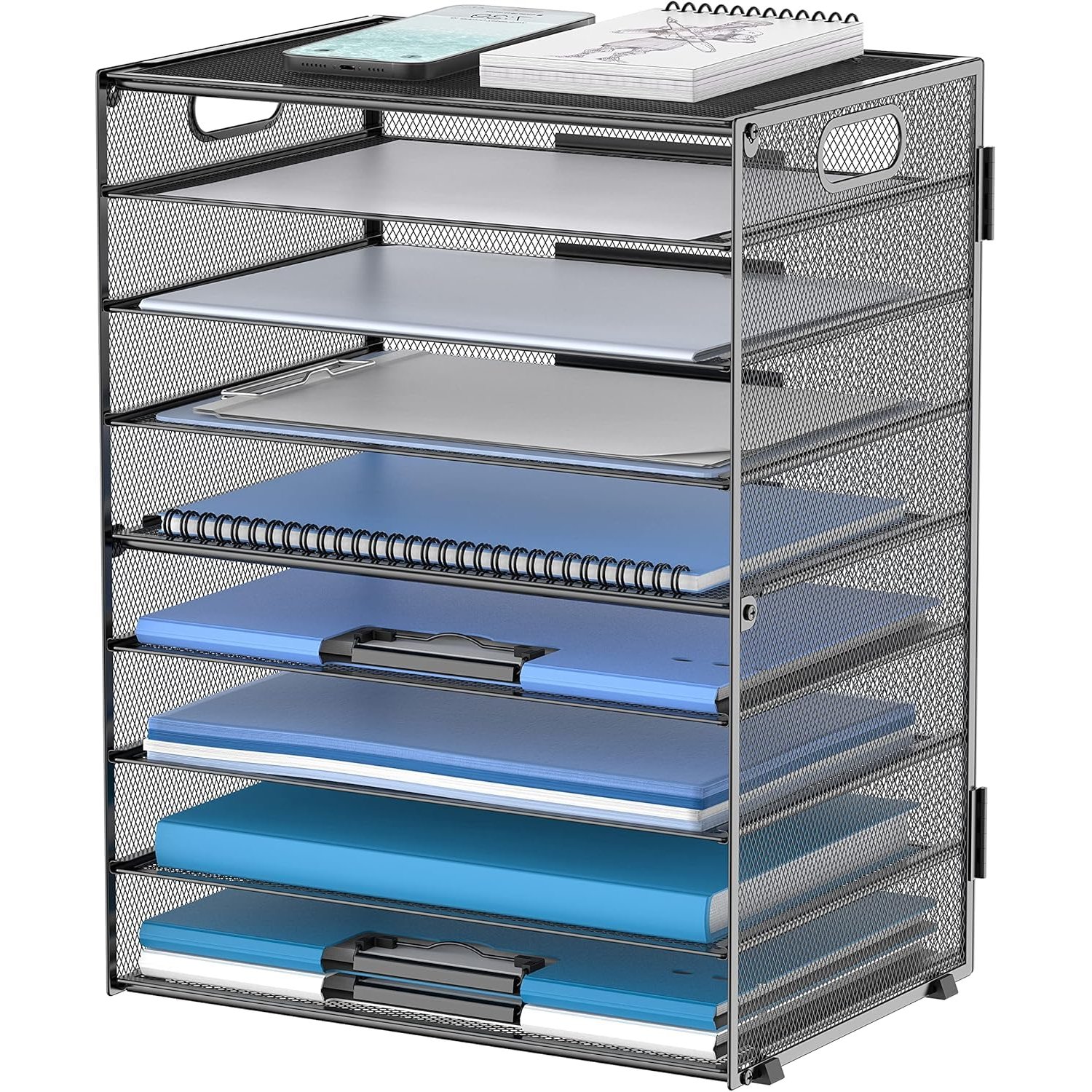 SUPEASY 9-Tier Paper Letter Tray Desk Organiser with Handles, Mesh File Holder Organisation, Paper Sorter Desk Organiser for Office Home School, Black