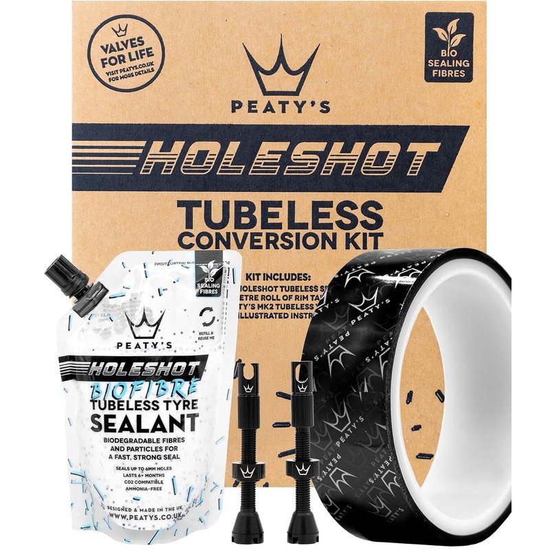 Peaty's Tubeless Wheel Conversion Kit - Enduro & DH - 30mm Tape / 42mm Valves / 2x 120ml Holeshot Biofibre Sealant Pouch, Black, 30mm Enduro & DH
