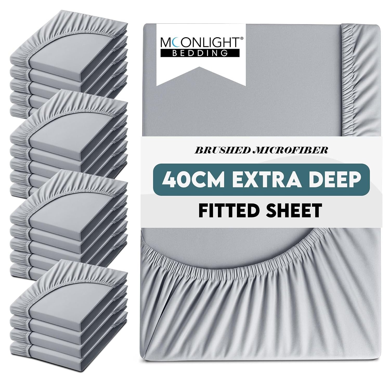 Moonlight Bedding Super King Size Fitted Sheets 20 Pack 40CM Silver Bedsheet with Elastic Corners 16 Inch Bottom Sheet Brushed Microfiber Easy Care Breathable Shrinkage Fade-Resistant