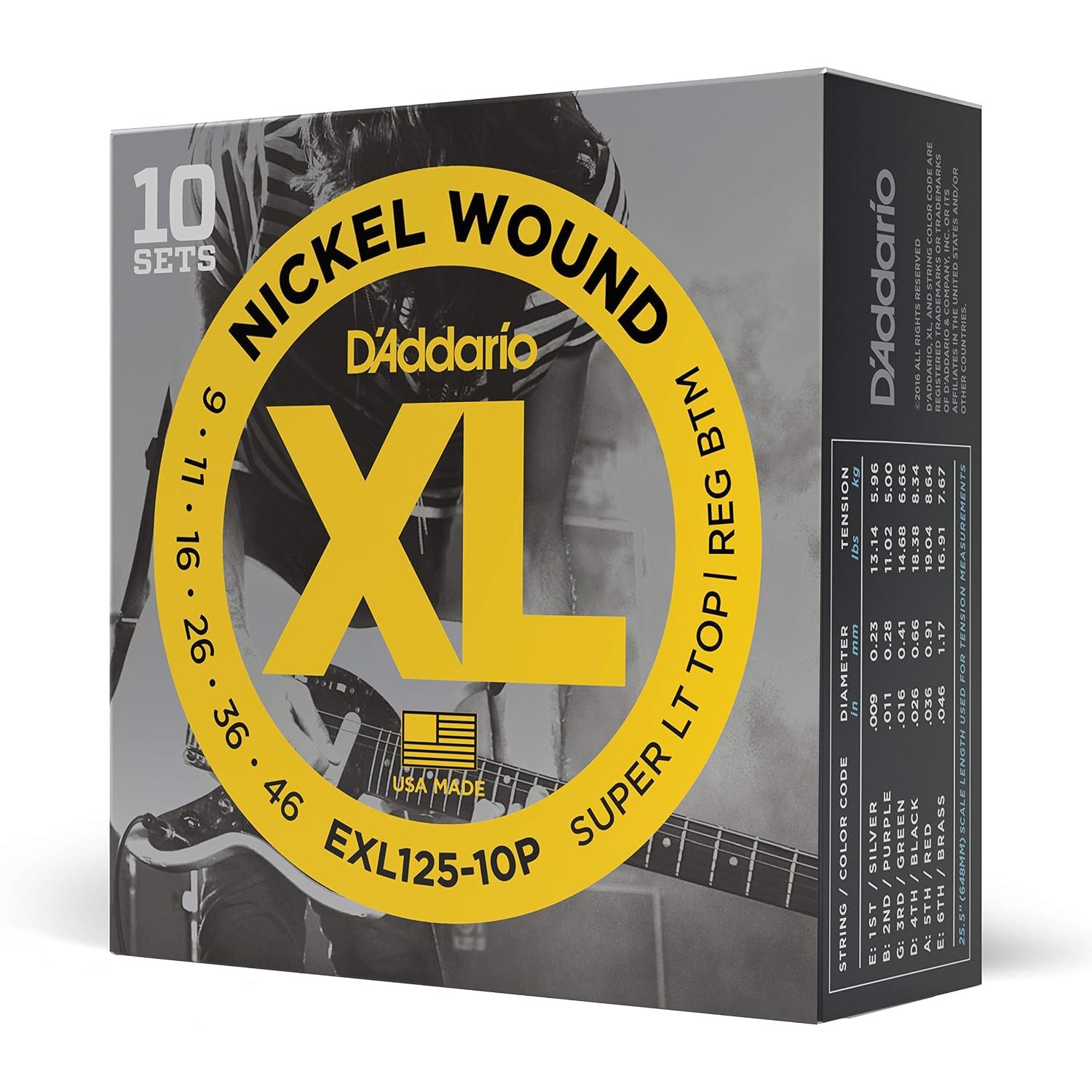 D'Addario Electric Guitar Strings, XL Nickel, EXL125-10P, Super Light Top/Regular Bottom Gauge, 6-String Set, Pack of 10