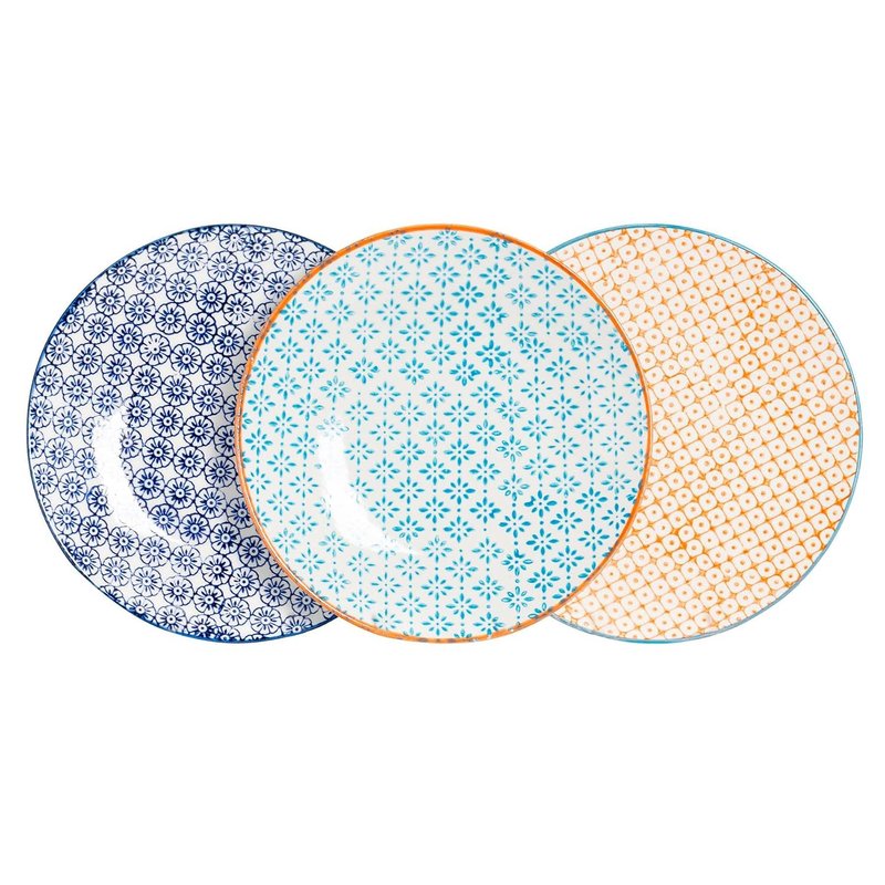 Nicola Spring Hand-Printed Side Plates - 18cm - 3 Colours - Pack of 6 - Porcelain Decorative Patterned Dining Dish Plates for Snacks, Starters, Dinner, Dessert