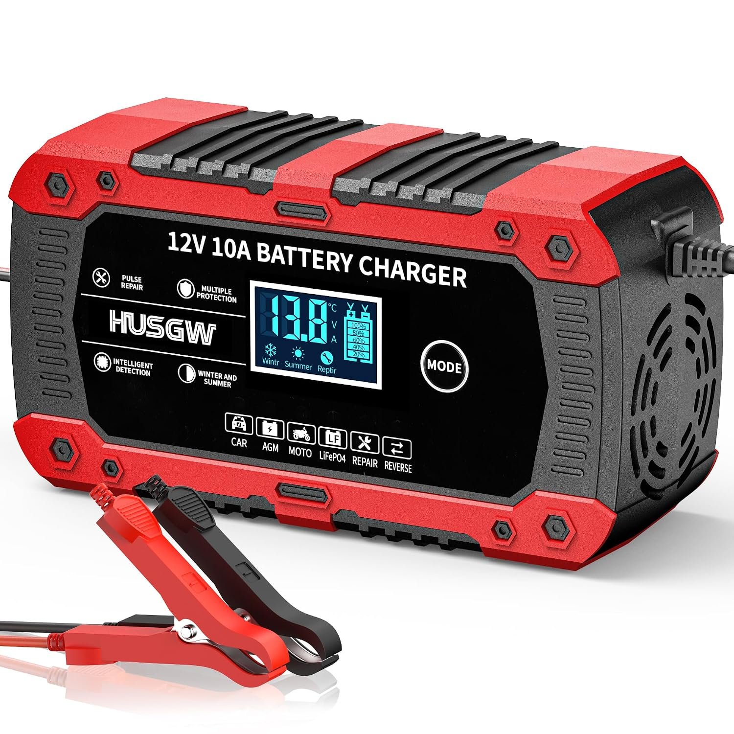 10Amp Car Battery Charger, 12V Automatic Smart Battery Charger/Maintainer with Temperature Compensation, Car Battery Repair and Desulfator for Car, Motorcycle, SUV, Lithium Batteries & AGM